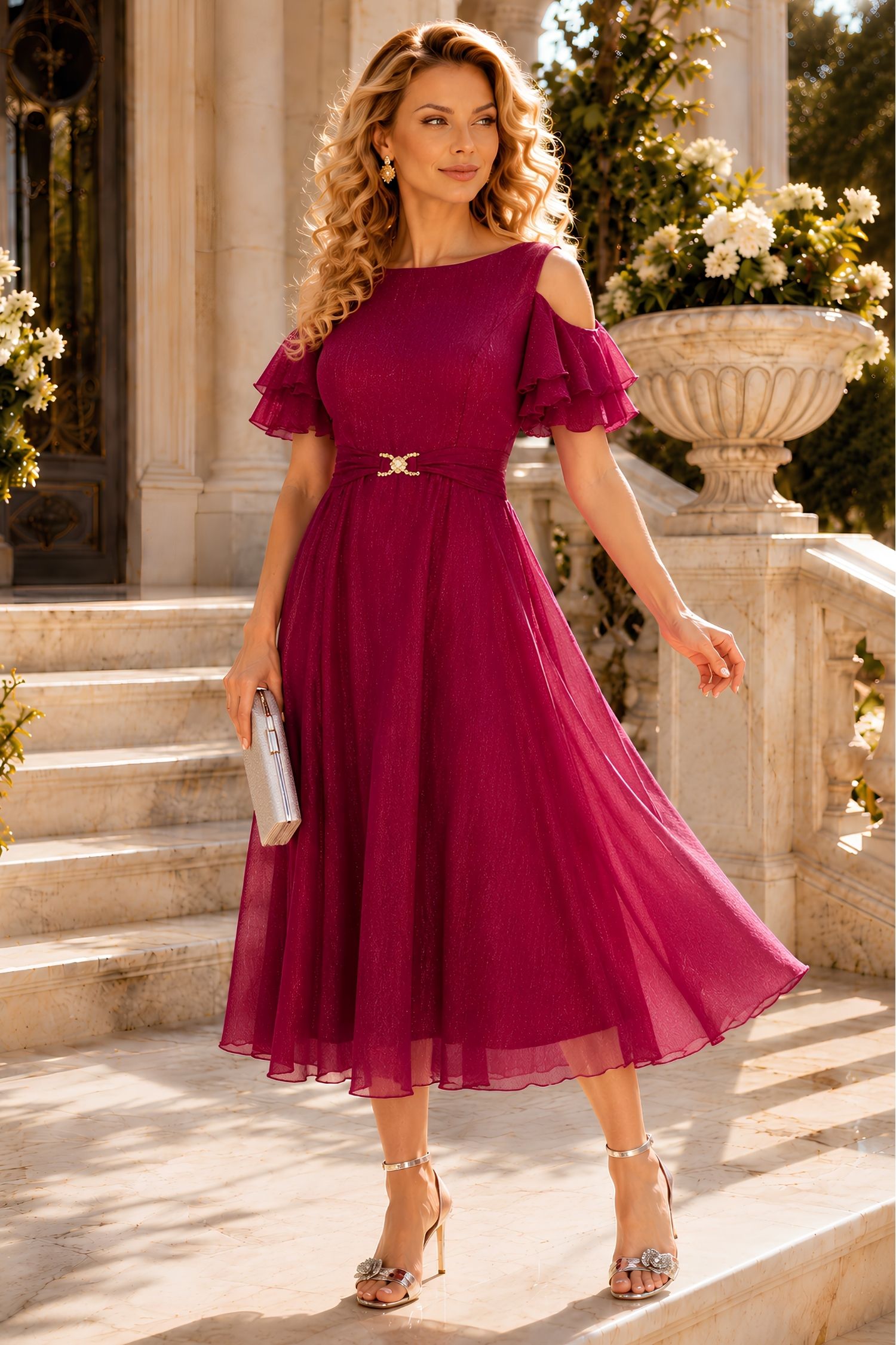 Rochie din voal cu fir lame zmeura midi in clos - StarShinerS 1 - StarShinerS.ro