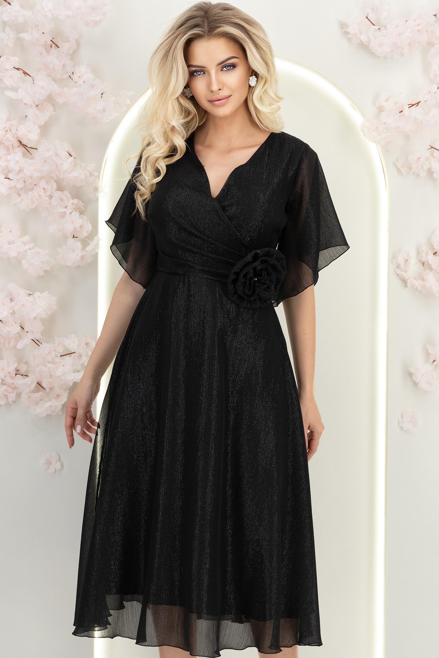 Rochie din voal cu fir lame neagra midi in clos cu brosa - StarShinerS 1 - StarShinerS.ro