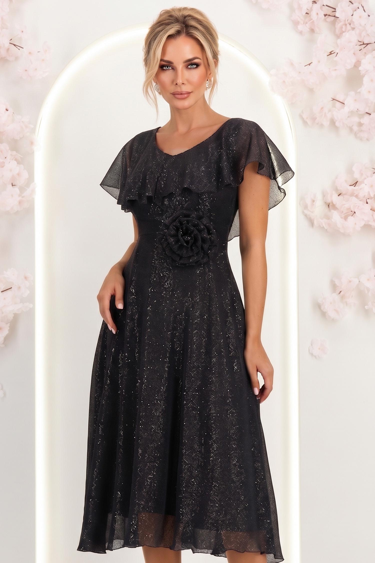Rochie din voal si fir lame neagra midi in clos cu brosa - StarShinerS 1 - StarShinerS.ro