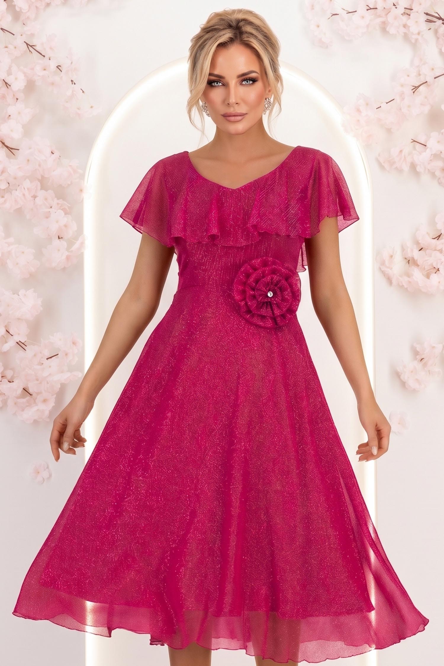 Rochie din voal si fir lame zmeura midi in clos cu brosa - StarShinerS 1 - StarShinerS.ro