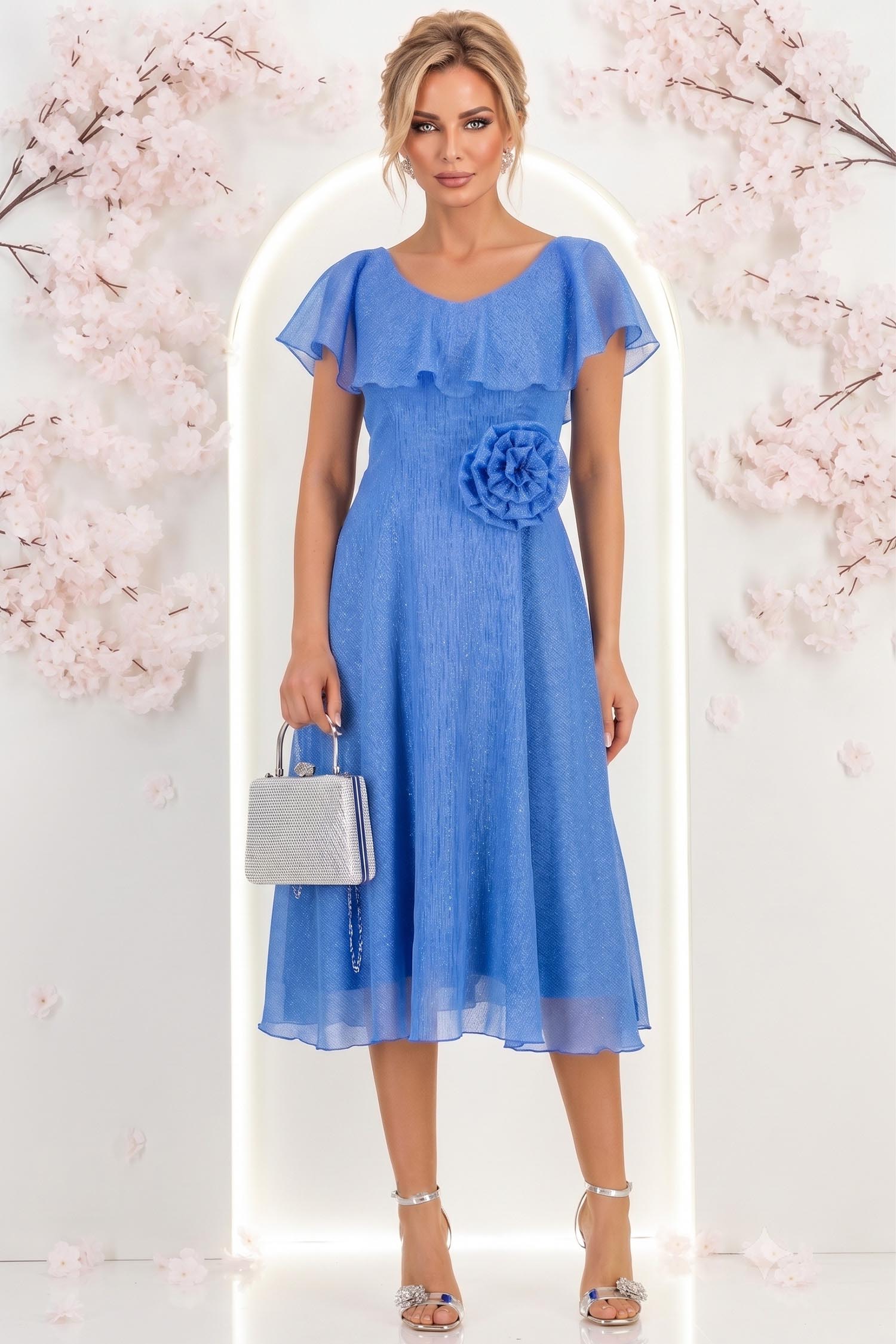Rochie din voal si fir lame albastra-deschis midi in clos cu brosa - StarShinerS 1 - StarShinerS.ro