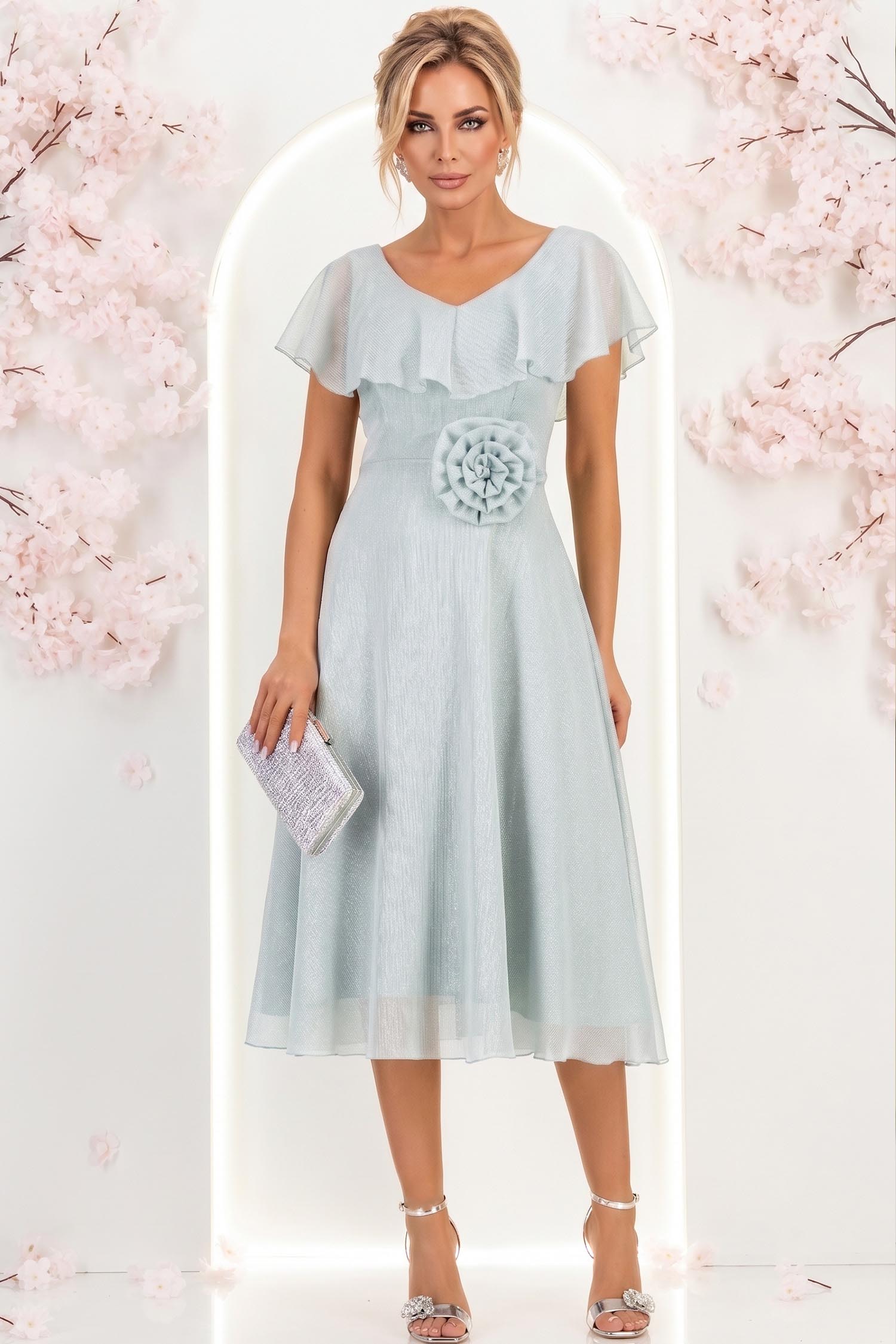 Rochie din voal si fir lame mint midi in clos cu brosa - StarShinerS 1 - StarShinerS.ro