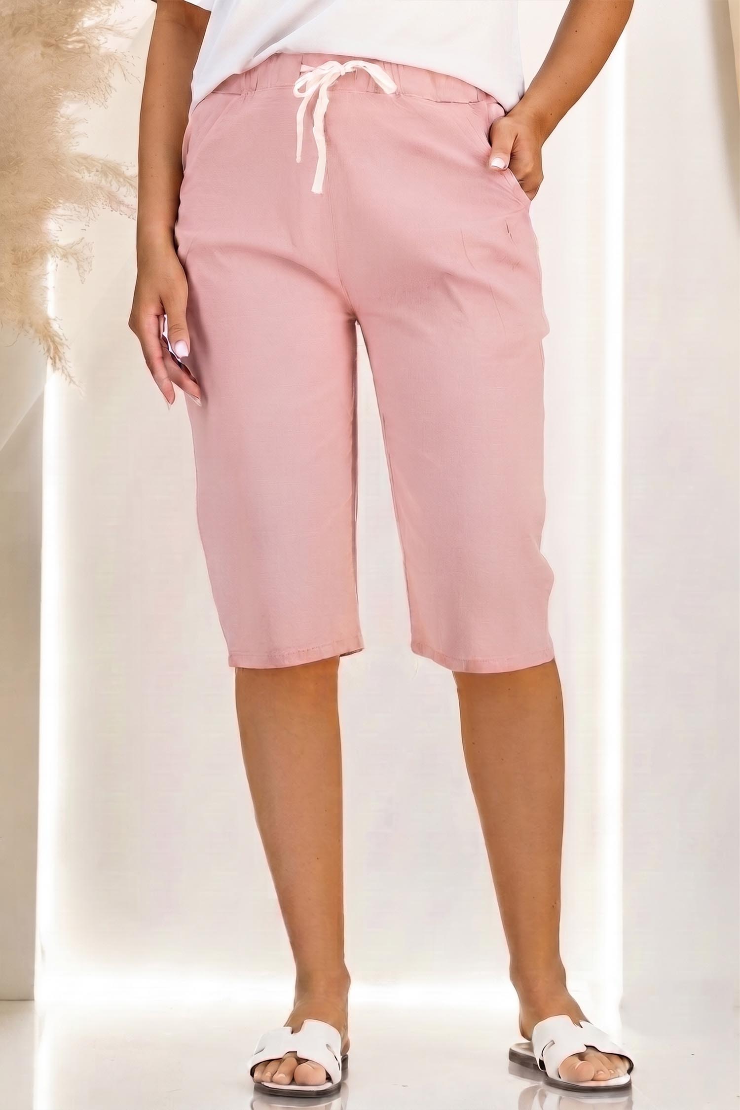 Pantaloni din bumbac roz pudra până la genunchi skinny cu buzunare 1 - StarShinerS.ro