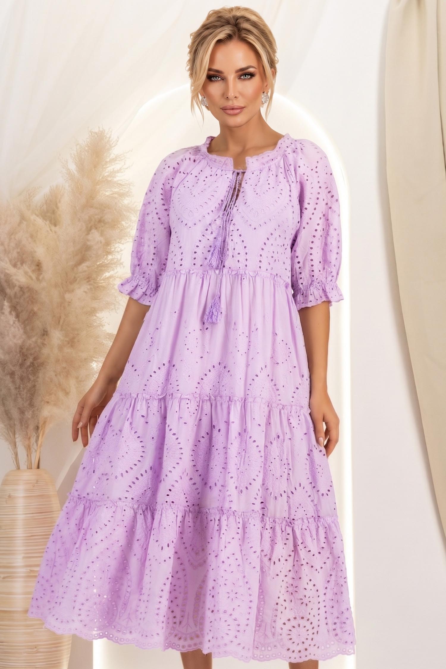 Rochie din ghipură lila midi cu croi larg si maneci scurte bufante 1 - StarShinerS.ro