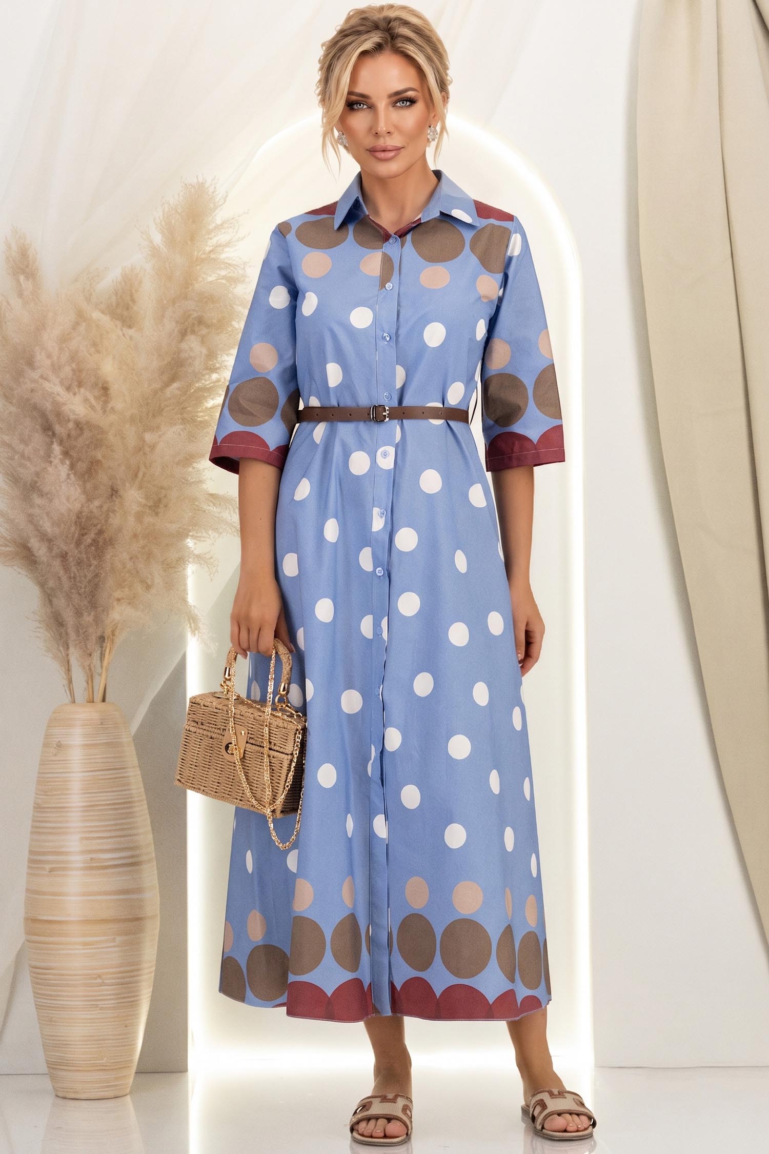 Rochie din bumbac albastra-deschis in clos midi cu accesoriu tip curea 1 - StarShinerS.ro