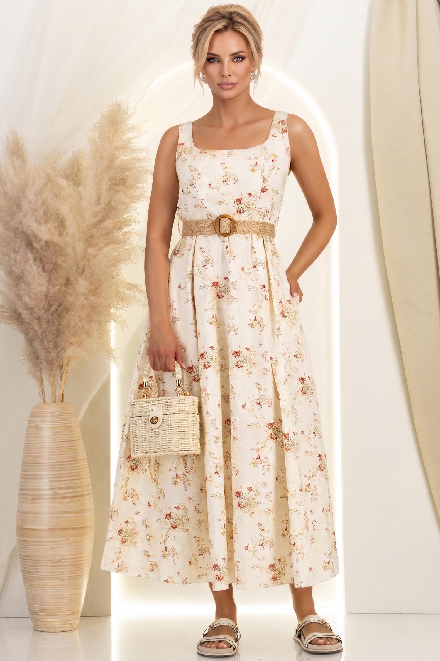 Rochie din bumbac crem lunga clos cu elastic in talie si buzunare laterale 1 - StarShinerS.ro