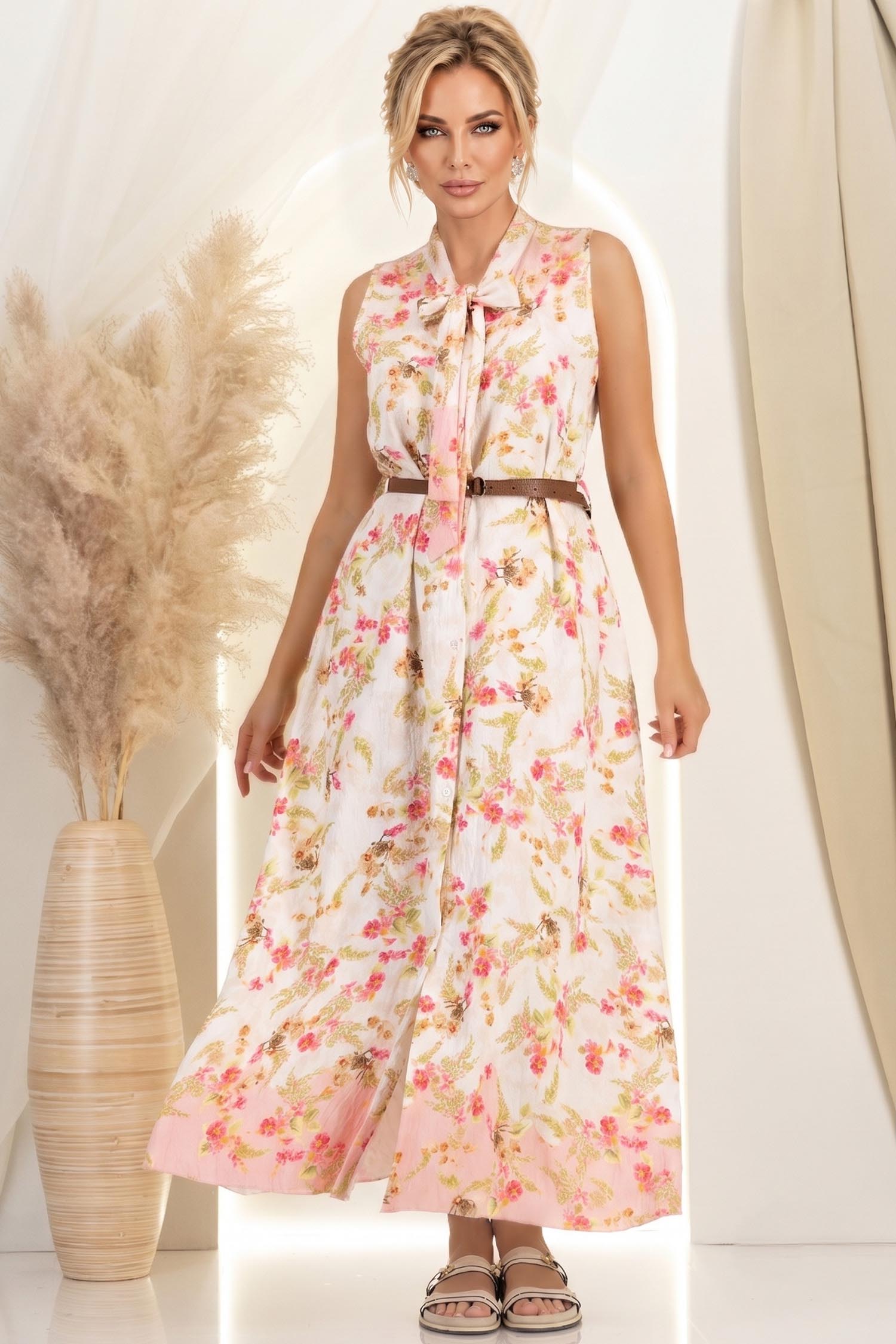 Rochie din viscoza roz lunga cu croi larg si guler tip esarfa 1 - StarShinerS.ro