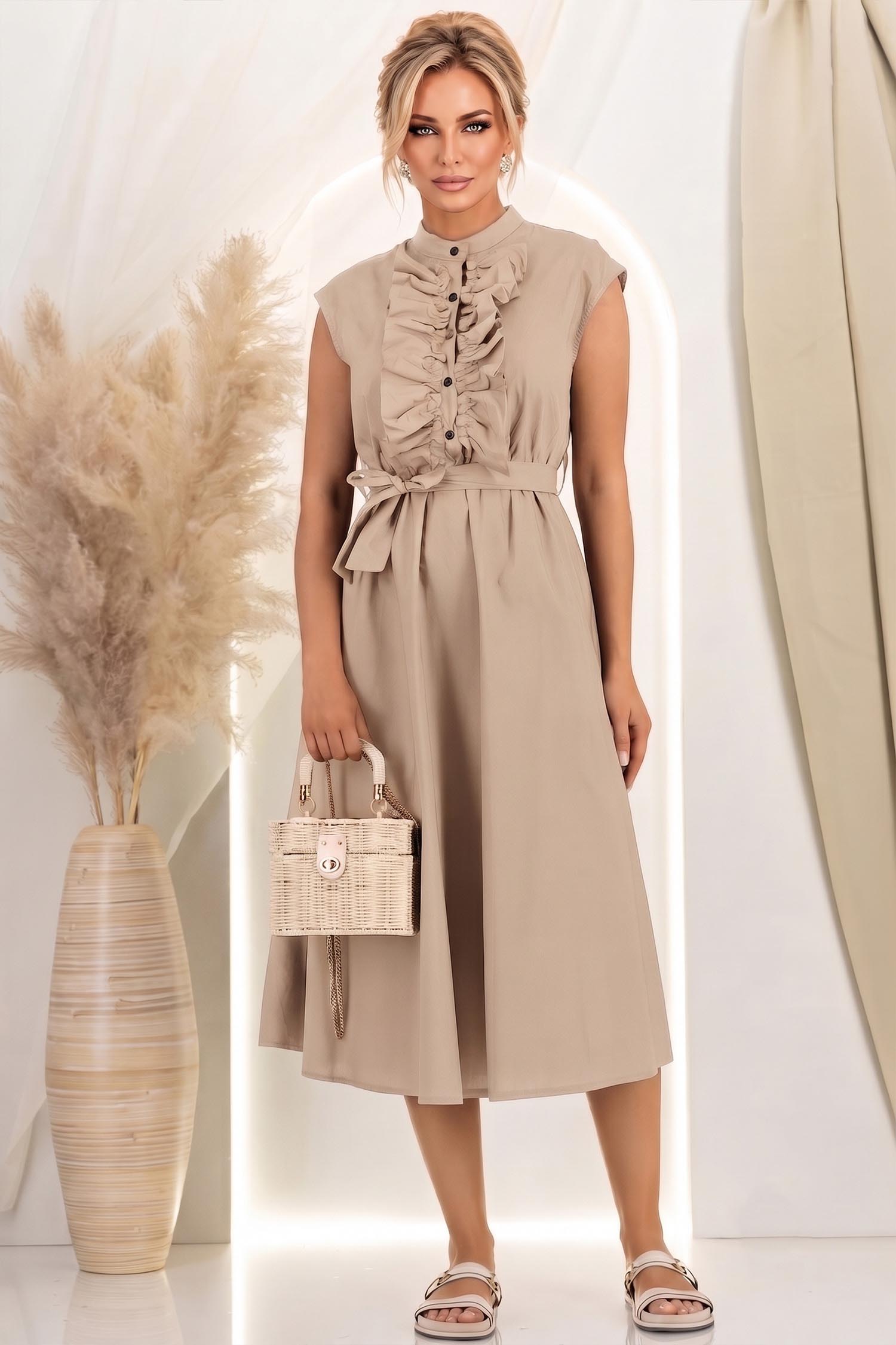 Rochie din bumbac bej midi in clos cu volanase si cordon in talie 1 - StarShinerS.ro