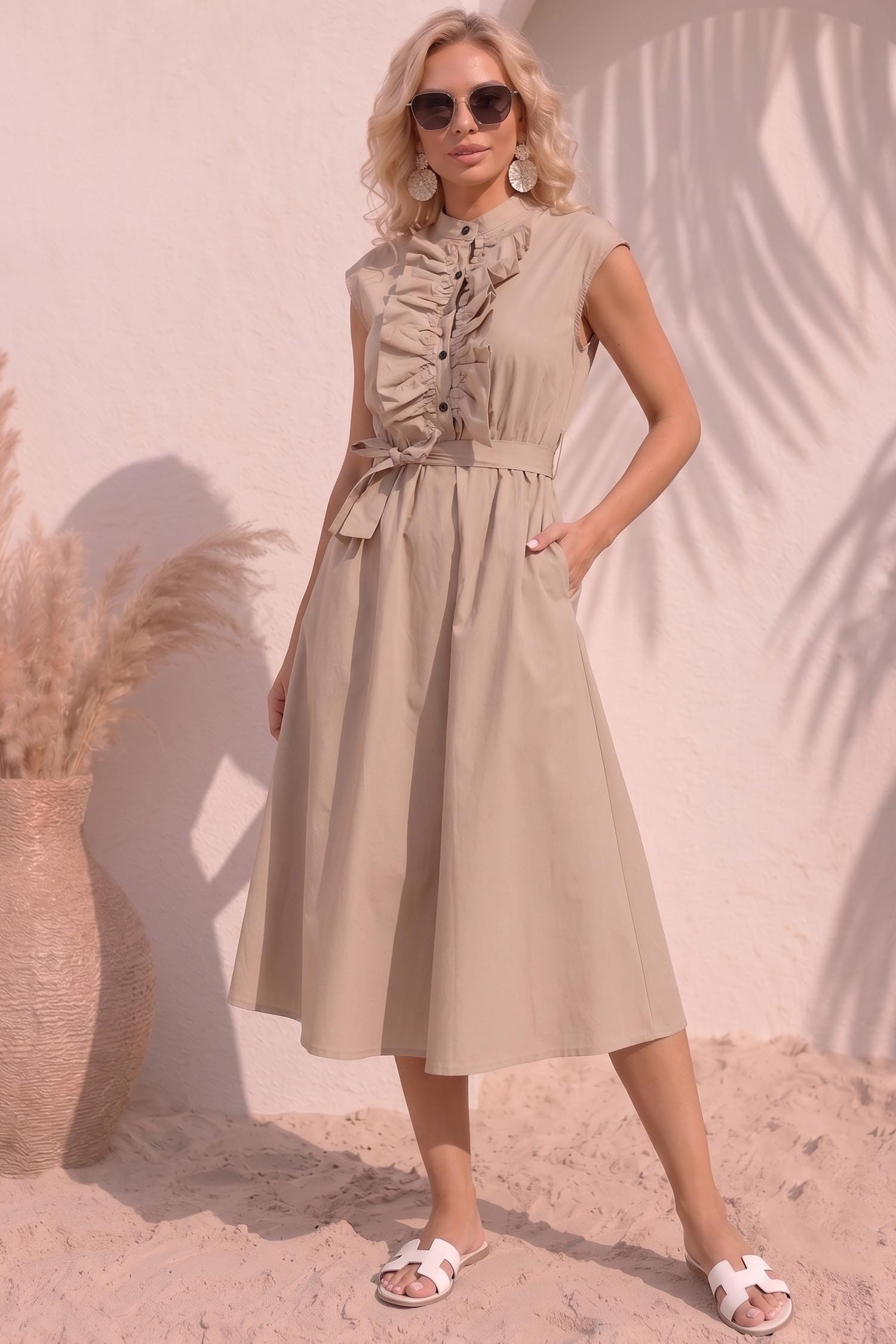 Rochie din bumbac bej midi in clos cu volanase si cordon in talie 1 - StarShinerS.ro