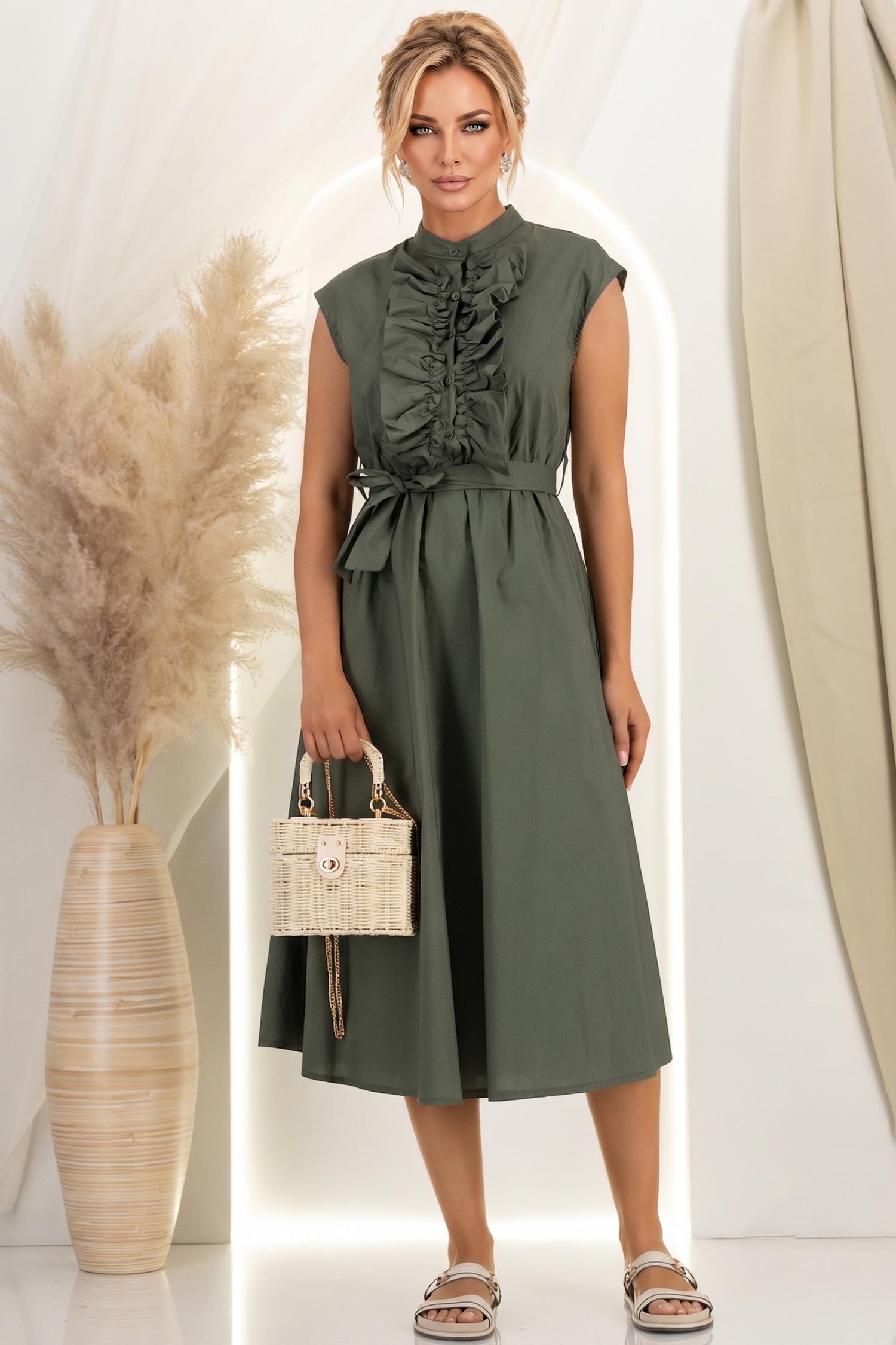 Rochie din bumbac kaki midi in clos cu volanase si cordon in talie 1 - StarShinerS.ro