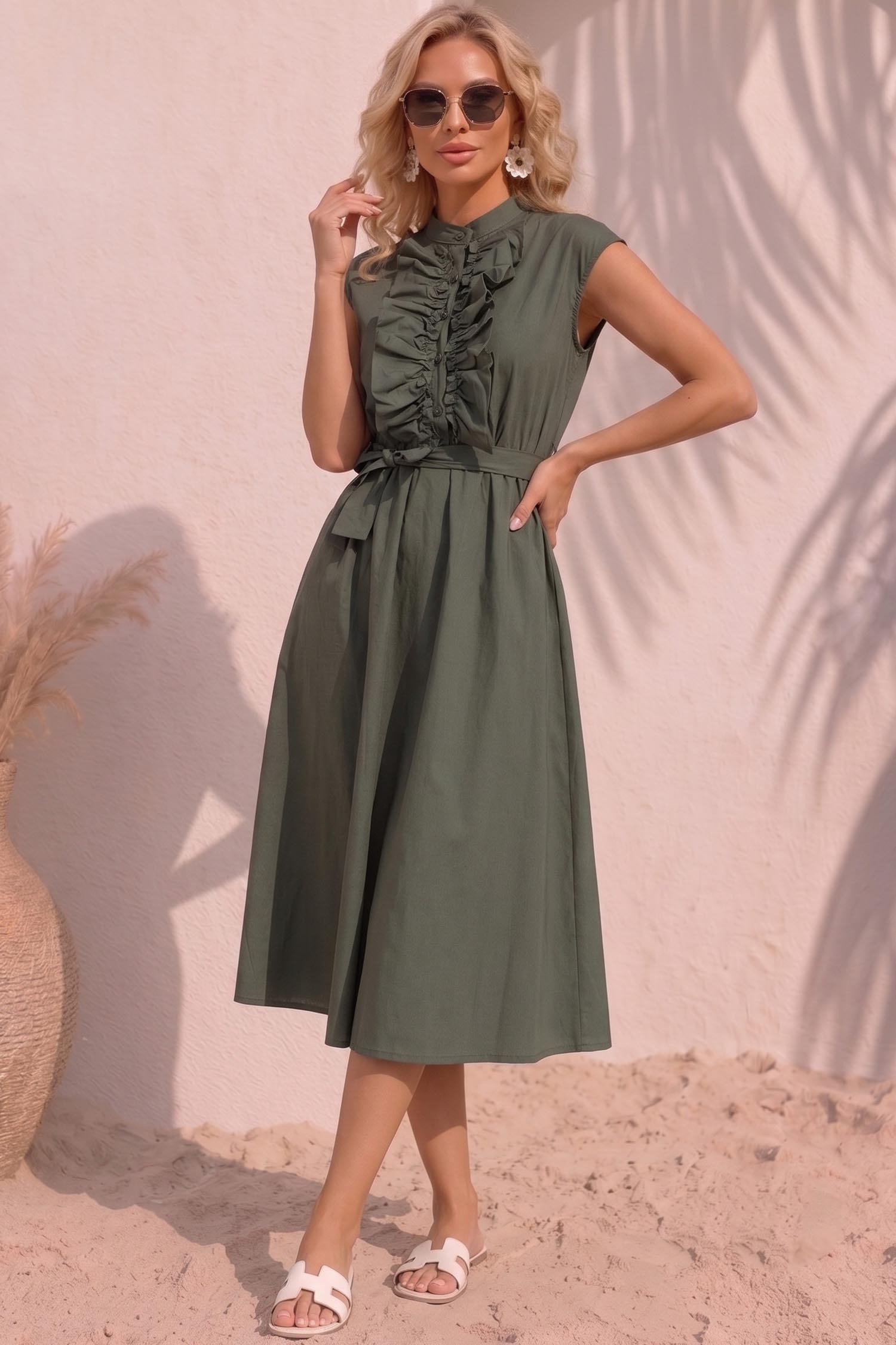Rochie din bumbac kaki midi in clos cu volanase si cordon in talie 1 - StarShinerS.ro