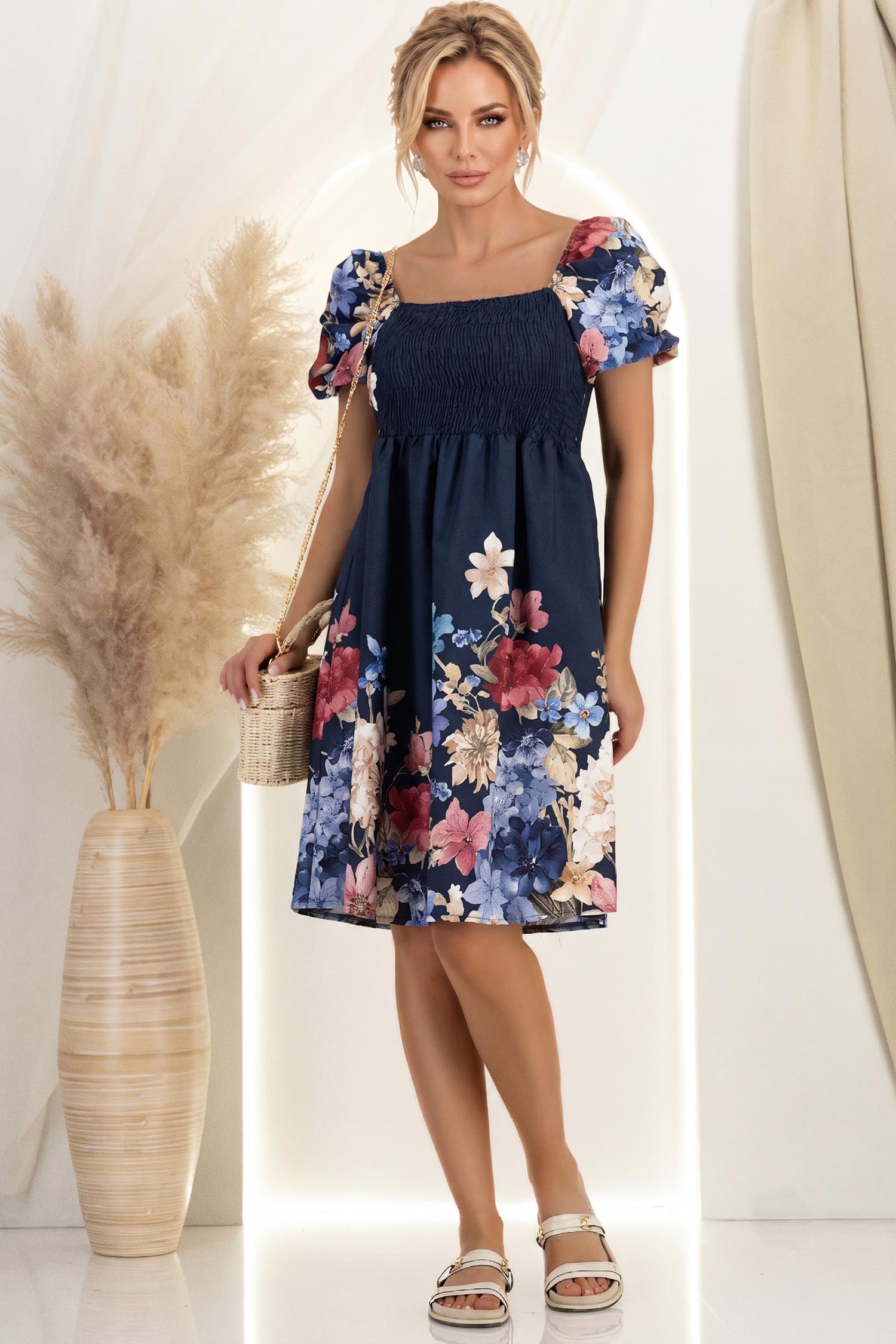 Rochie din bumbac bleumarin scurta in clos cu umerii goi 1 - StarShinerS.ro