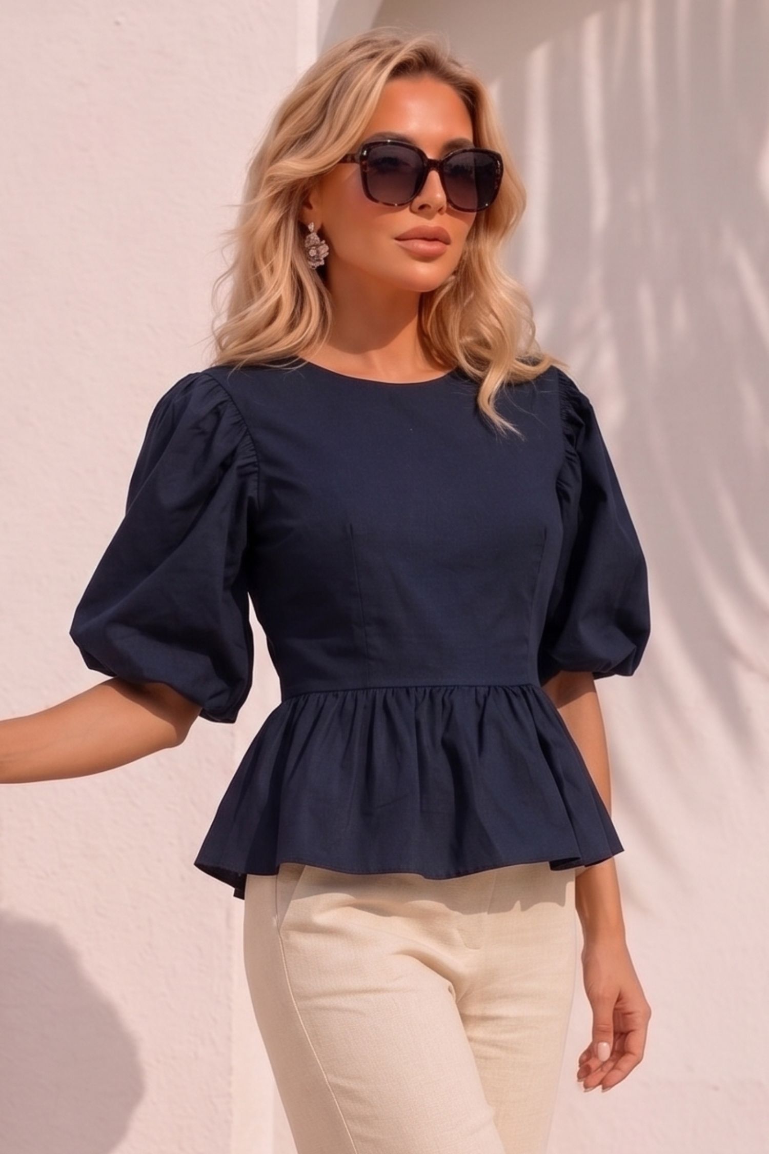 Bluza dama din bumbac bleumarin cu peplum si maneci bufante 1 - StarShinerS.ro