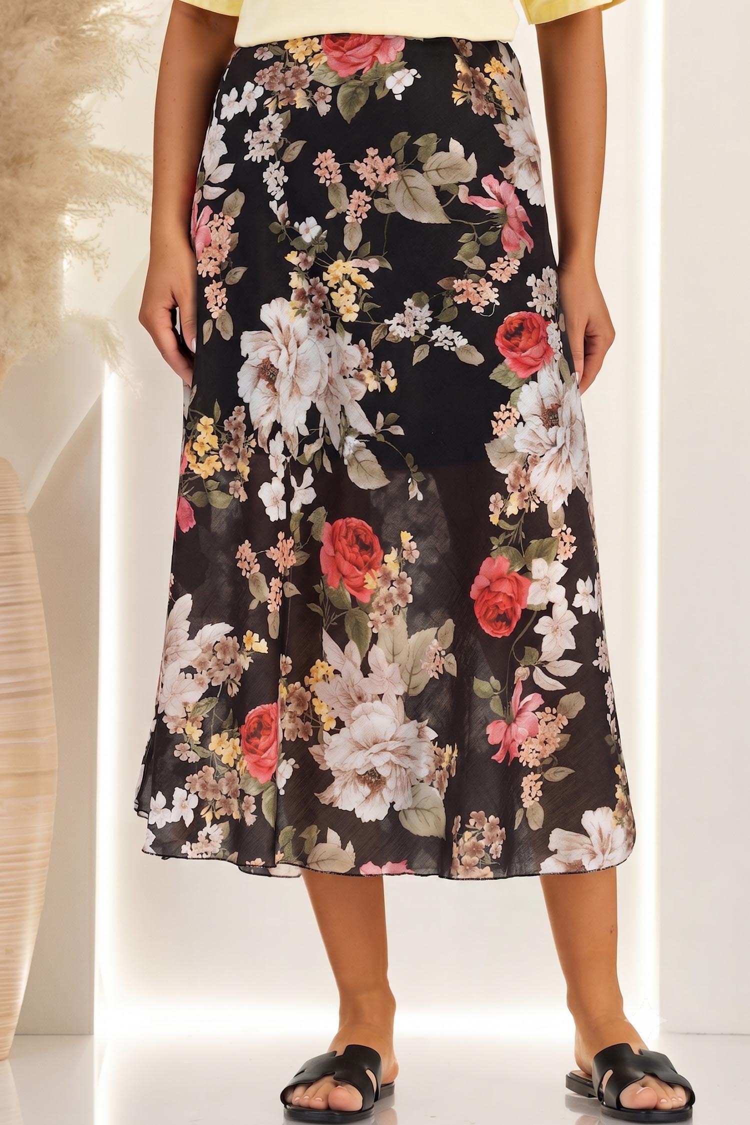 Fusta din material fluid neagra midi in clos cu imprimeu floral 1 - StarShinerS.ro