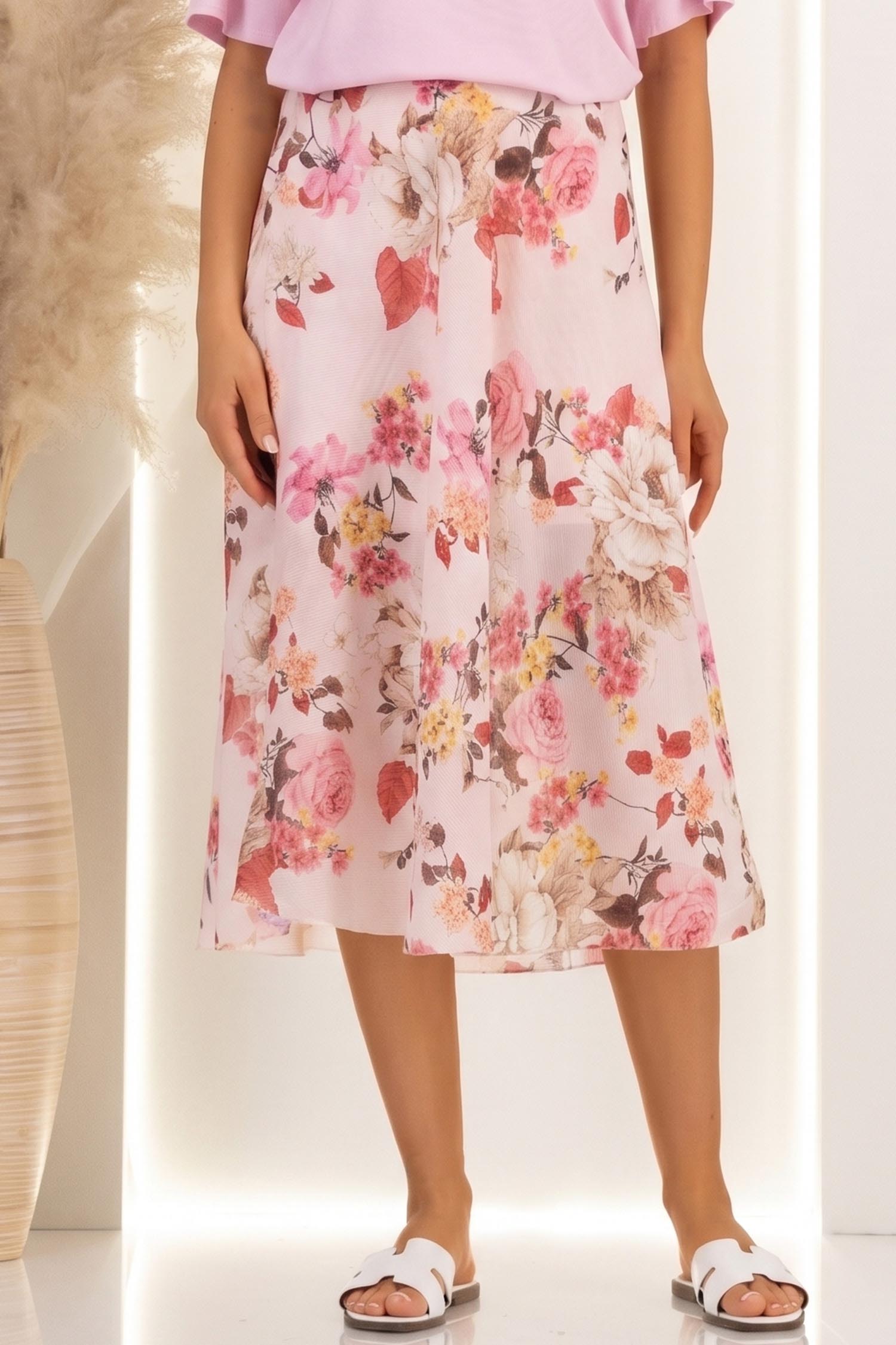 Fusta din material fluid roz midi in clos cu imprimeu floral 1 - StarShinerS.ro