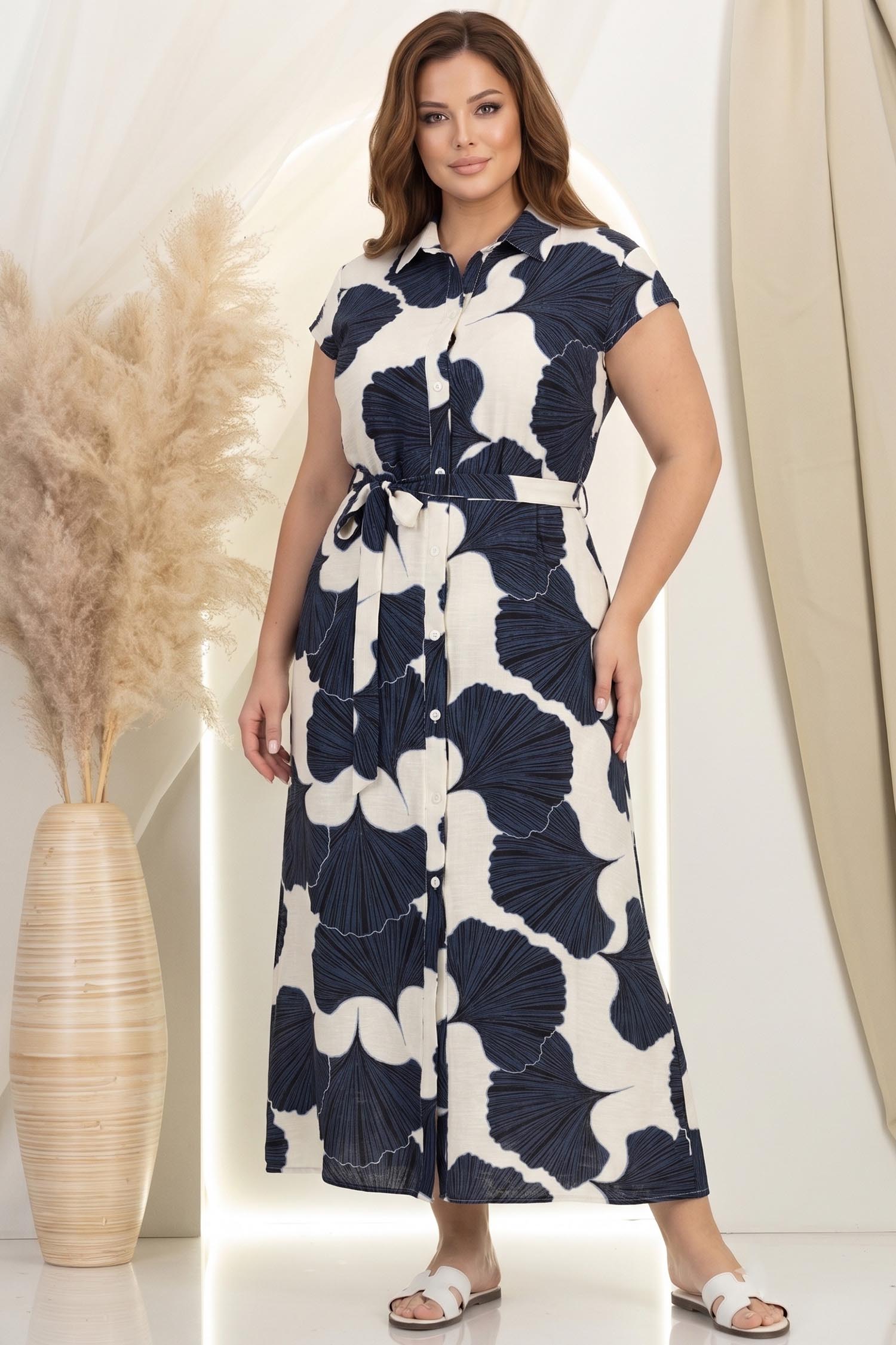Rochie din in bleumarin lunga cu croi larg si buzunare - StarShinerS 1 - StarShinerS.ro