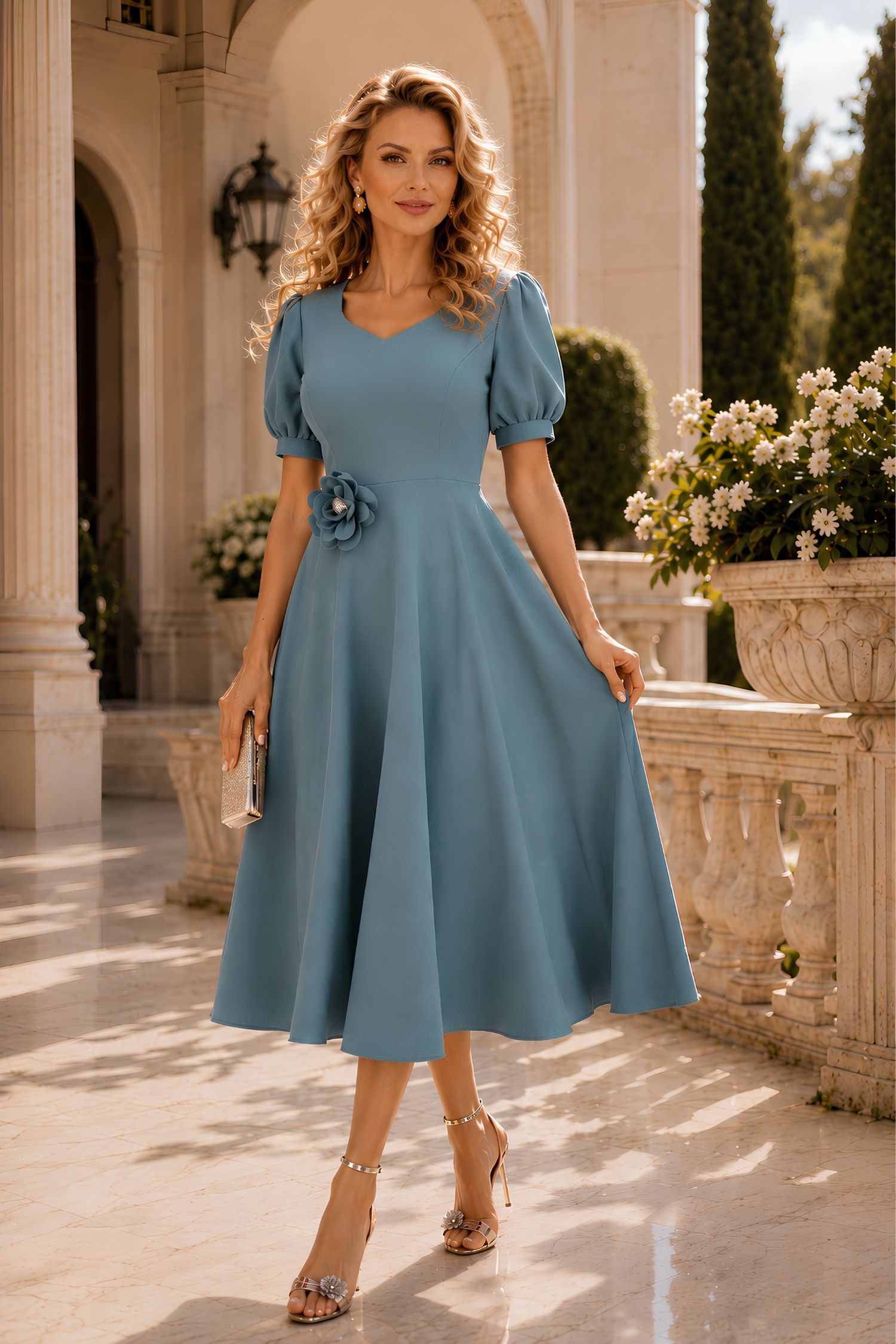 Rochie verde midi in clos cu brosa florala si buzunare - StarShinerS 1 - StarShinerS.ro