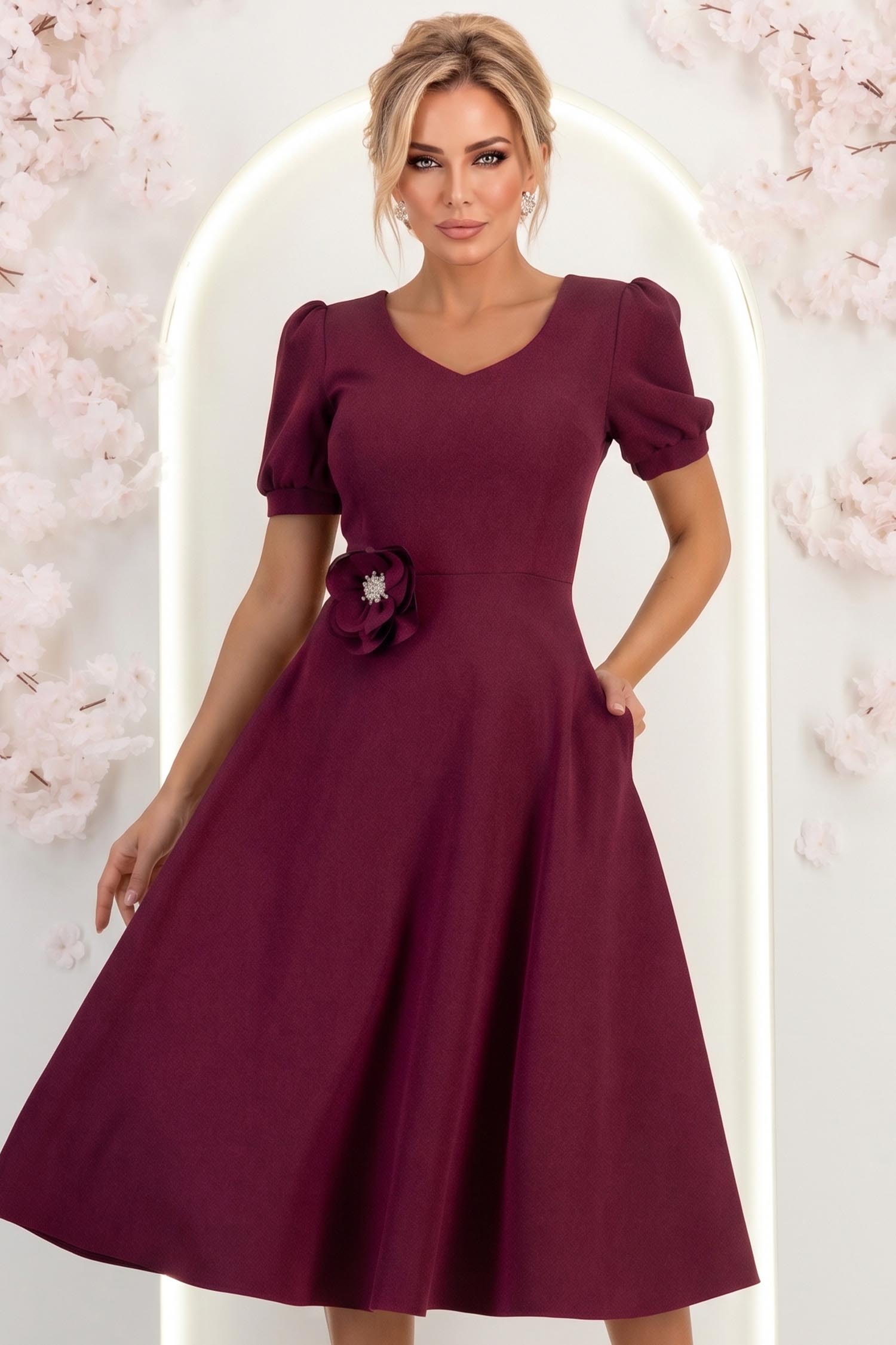 Rochie zmeura midi in clos cu brosa florala si buzunare - StarShinerS 1 - StarShinerS.ro