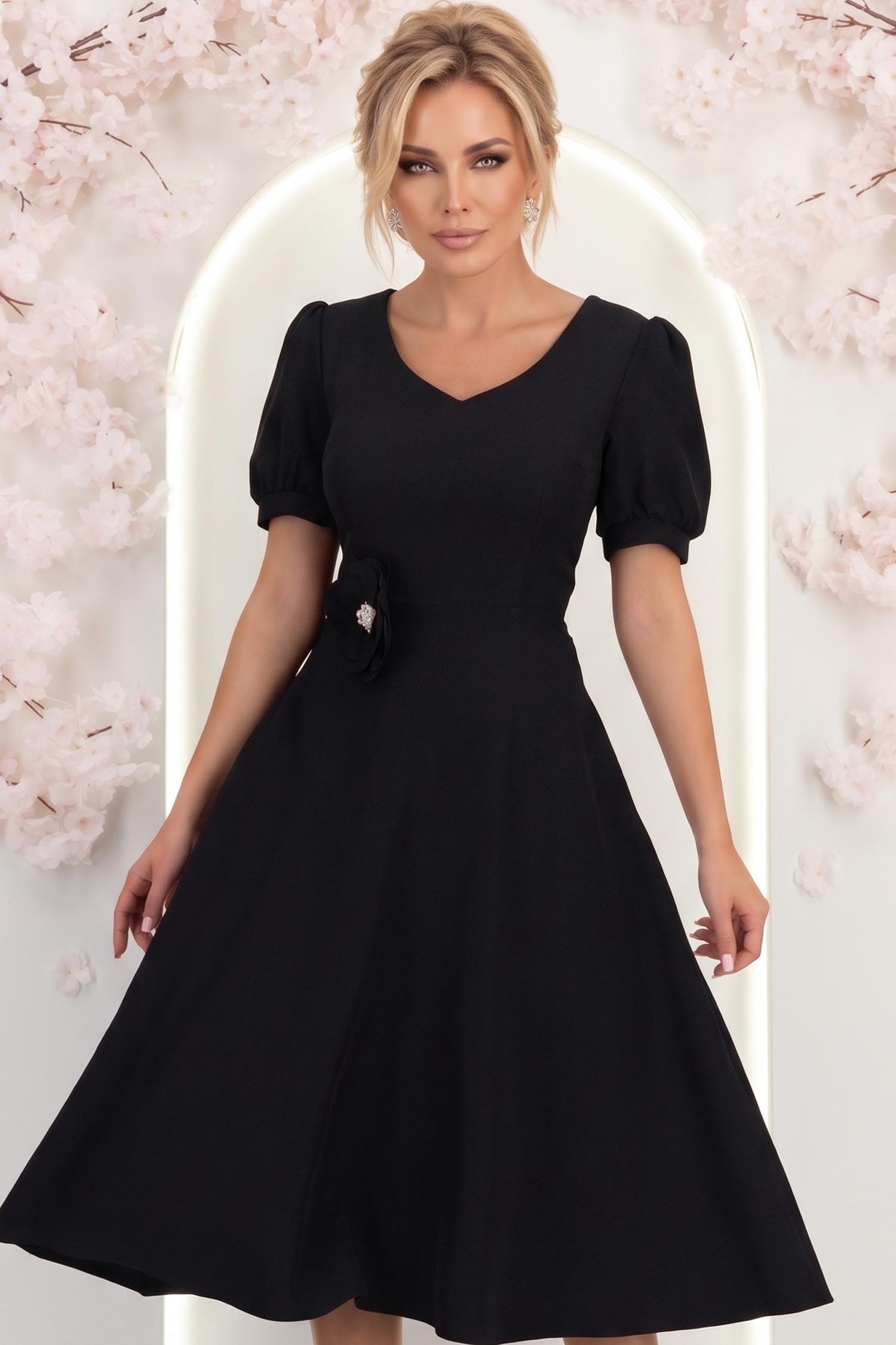 Rochie neagra midi in clos cu brosa florala si buzunare - StarShinerS 1 - StarShinerS.ro
