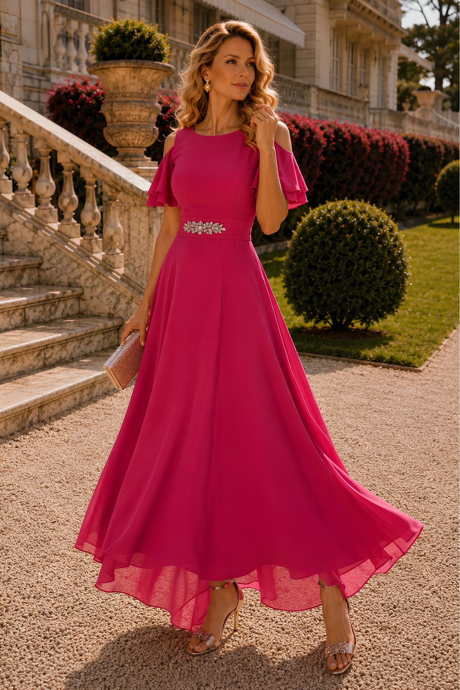 Rochie din voal fuchsia lunga in clos cu un cordon accesorizat- StarShinerS 1 - StarShinerS.ro