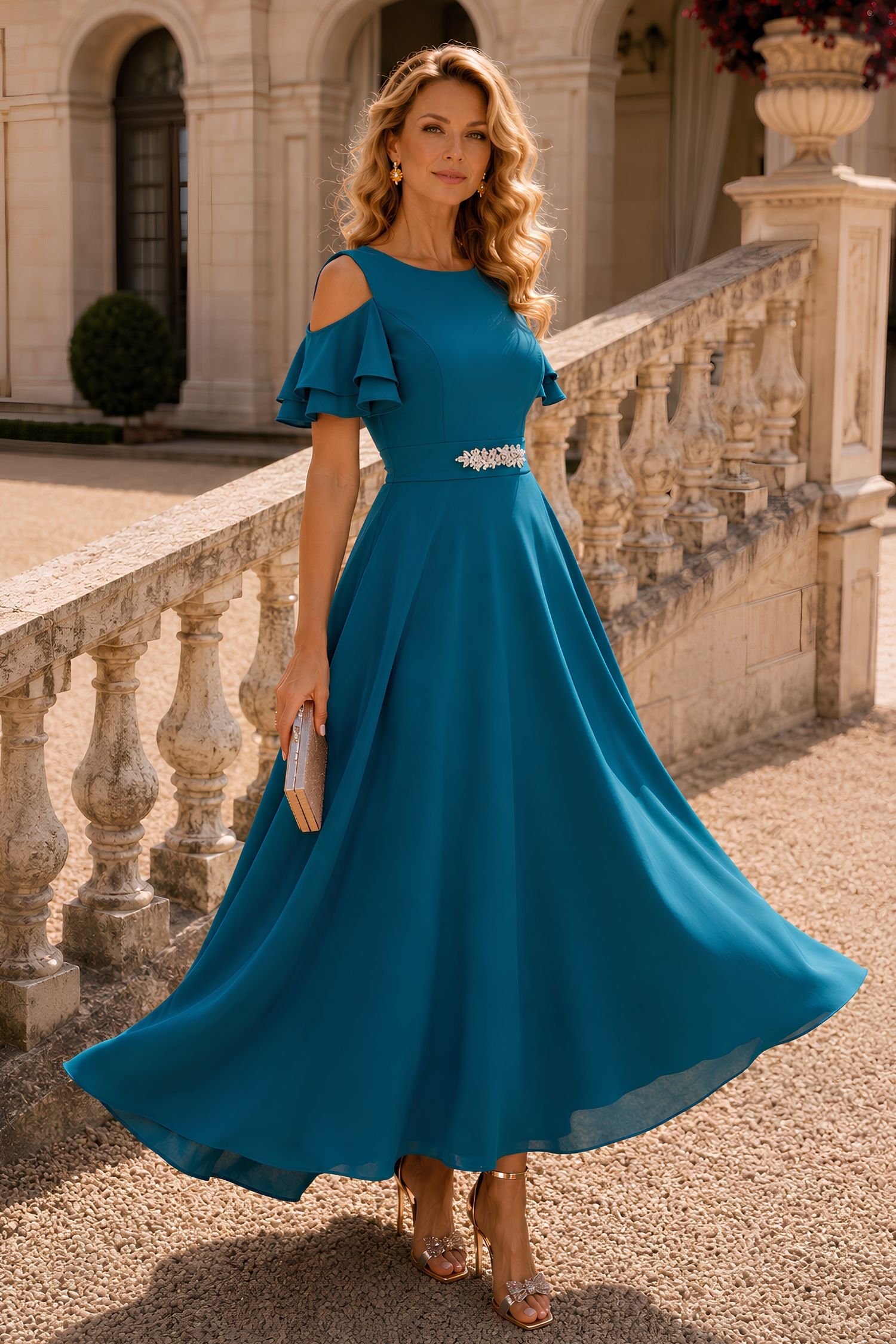 Rochie din voal verde petrol lunga in clos cu un cordon accesorizat- StarShinerS 1 - StarShinerS.ro