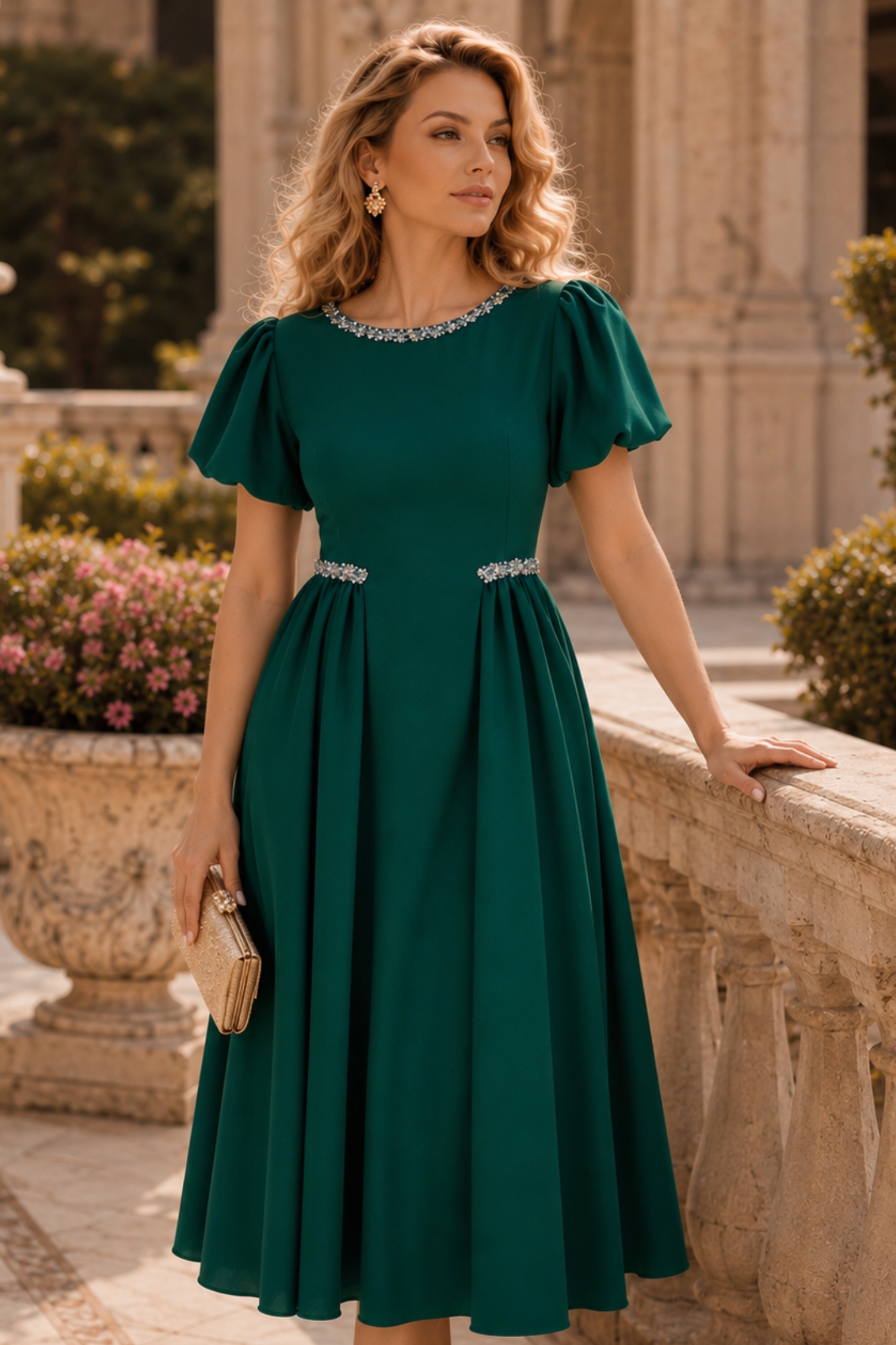 Rochie verde midi in clos cu aplicatii stralucitoare - StarShinerS 1 - StarShinerS.ro
