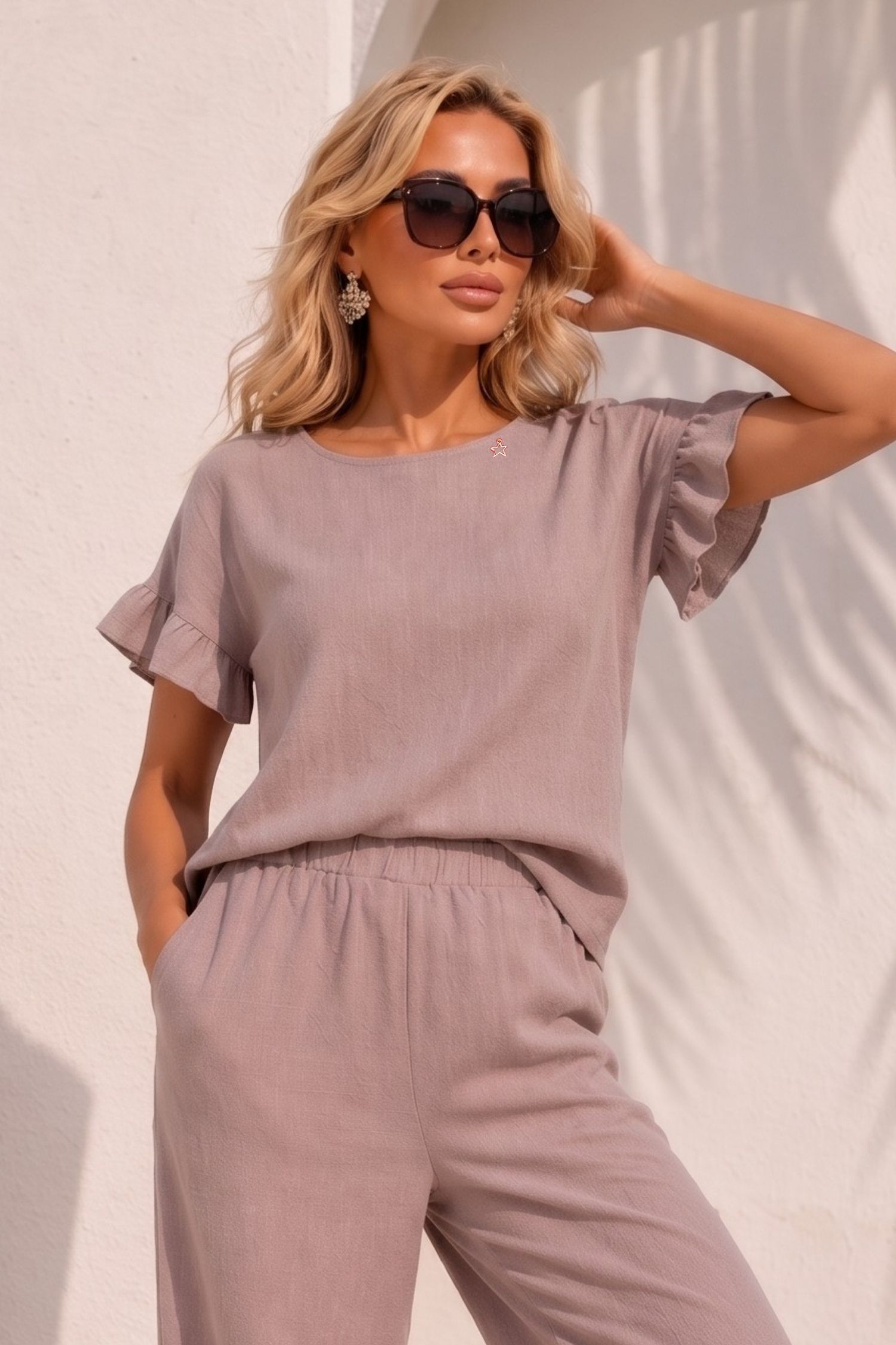 Bluza dama cu maneca scurta din viscoza si in mocha cu volanase - StarShinerS 1 - StarShinerS.ro