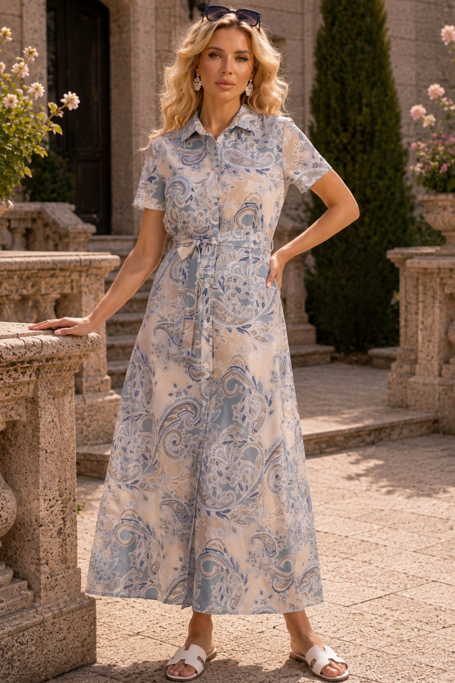 Rochie din viscoza imprimata abstract lunga cu croi larg si buzunare- StarShinerS 1 - StarShinerS.ro