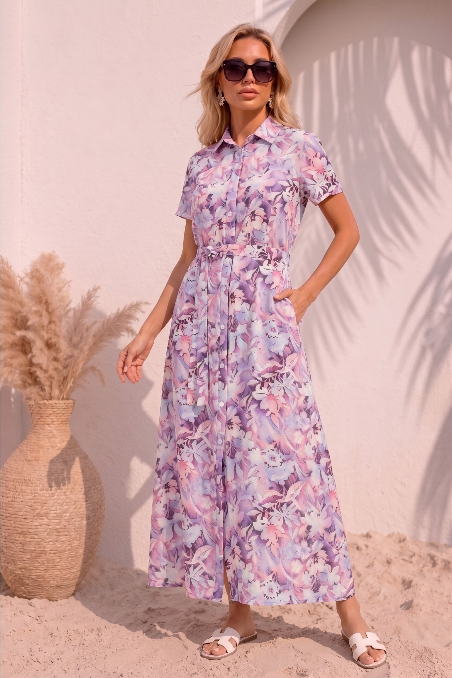 Rochie din viscoza roz imprimata lunga cu croi larg si buzunare- StarShinerS 1 - StarShinerS.ro