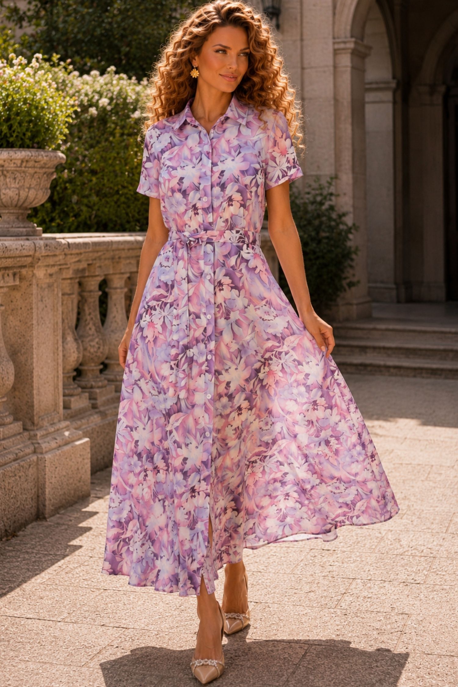 Rochie din viscoza roz imprimata lunga cu croi larg si buzunare- StarShinerS 1 - StarShinerS.ro