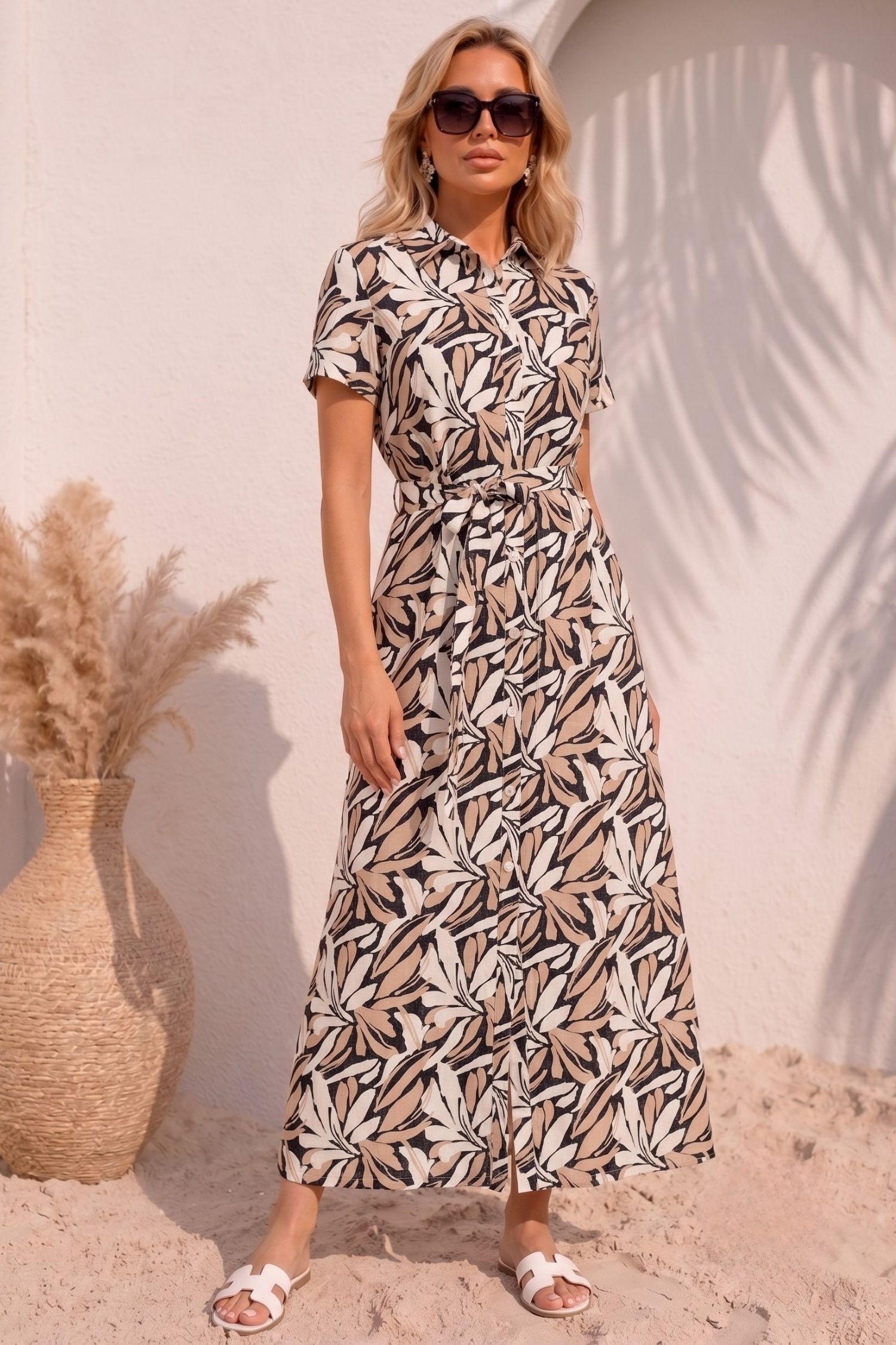 Rochie din viscoza mocha imprimata lunga cu croi larg si buzunare- StarShinerS 1 - StarShinerS.ro
