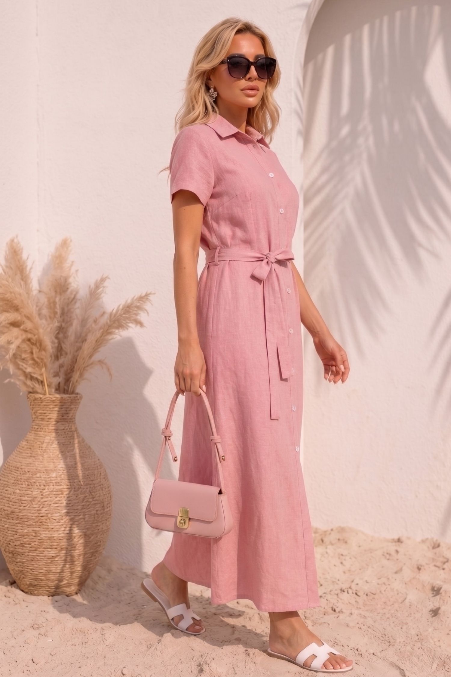 Rochie din in si viscoza roz pudra lunga cu un croi drept si buzunare - StarShinerS 1 - StarShinerS.ro