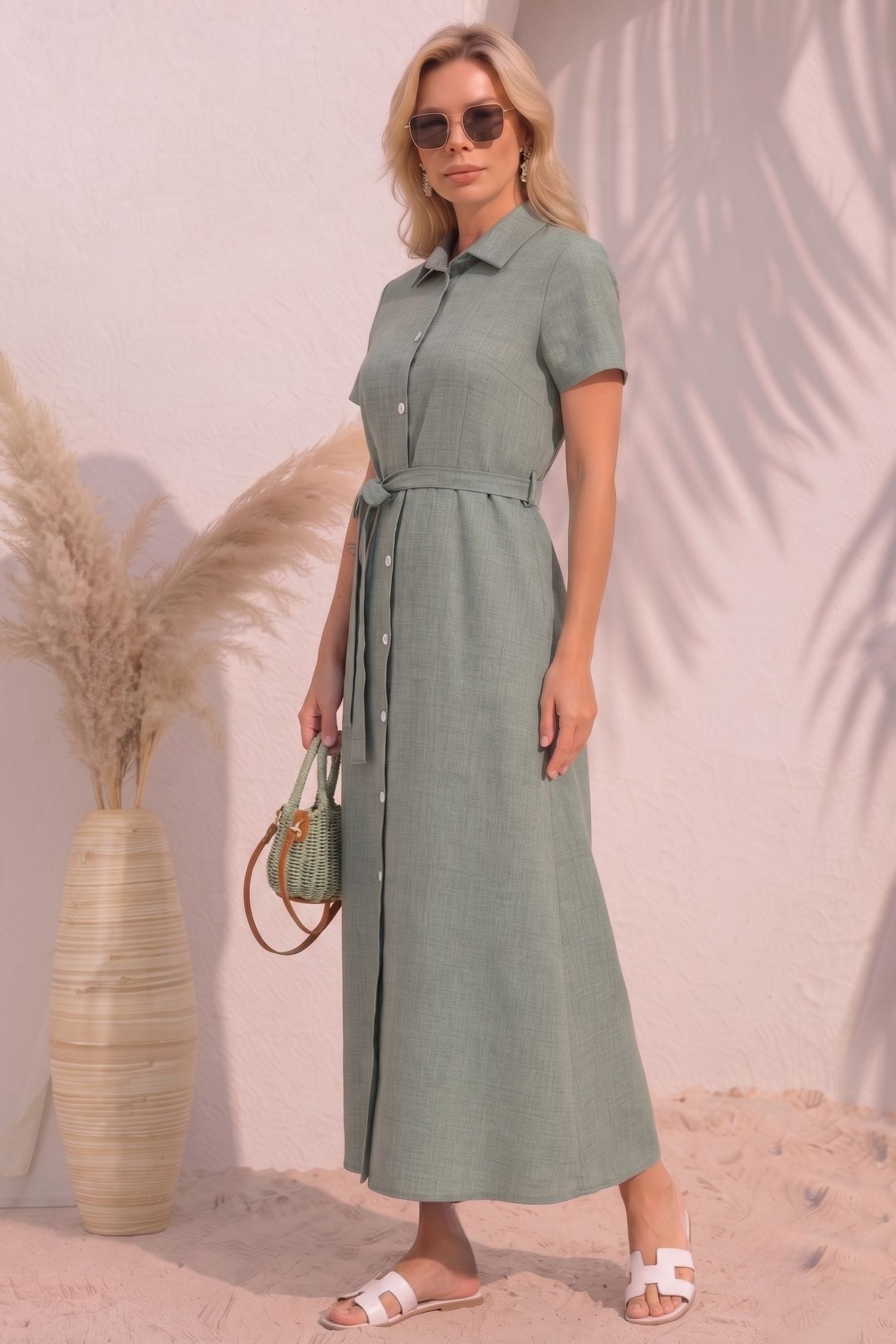 Rochie din in si viscoza kaki lunga cu un croi drept si buzunare - StarShinerS 1 - StarShinerS.ro