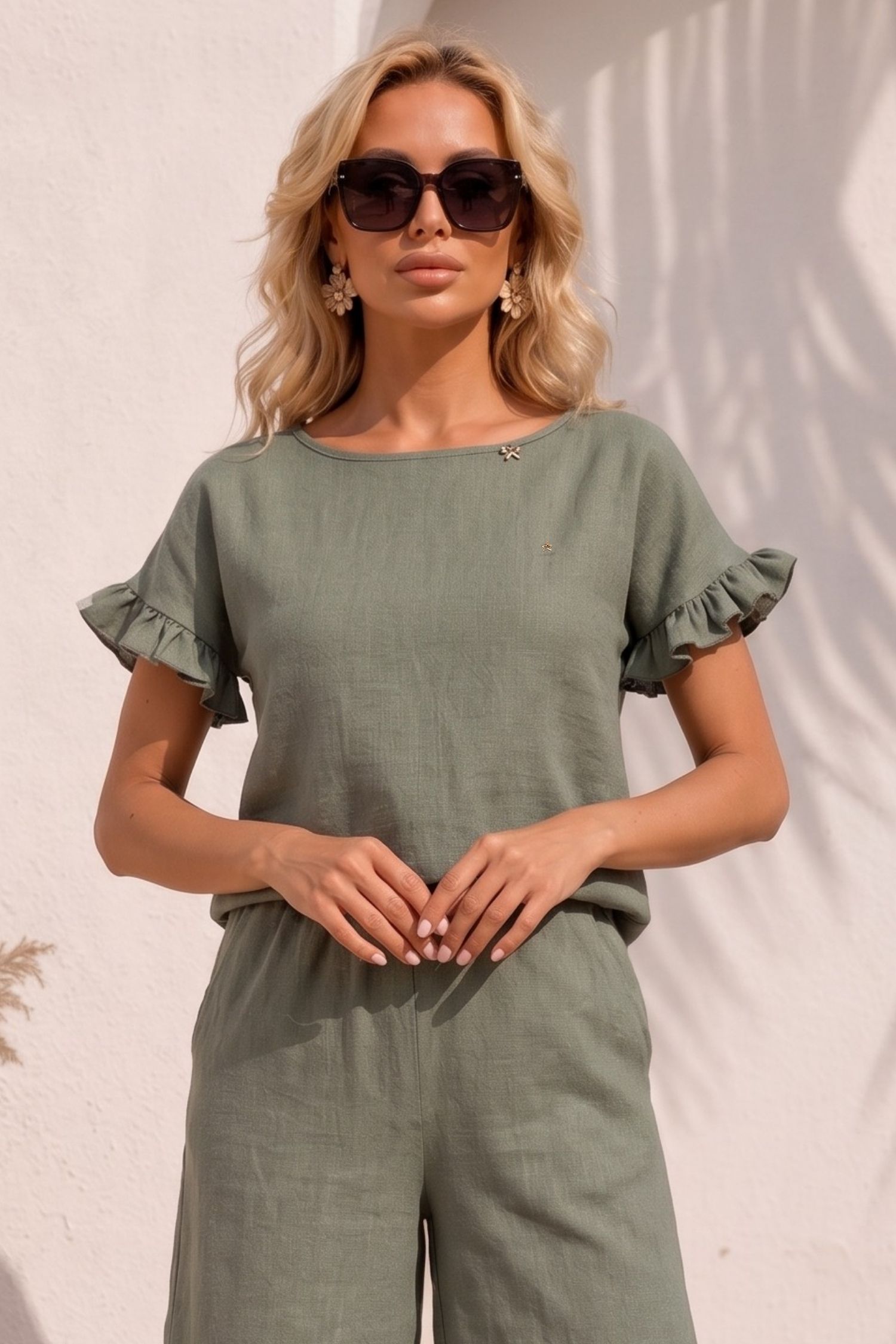 Bluza dama cu maneca scurta din viscoza si in kaki cu volanase - StarShinerS 1 - StarShinerS.ro