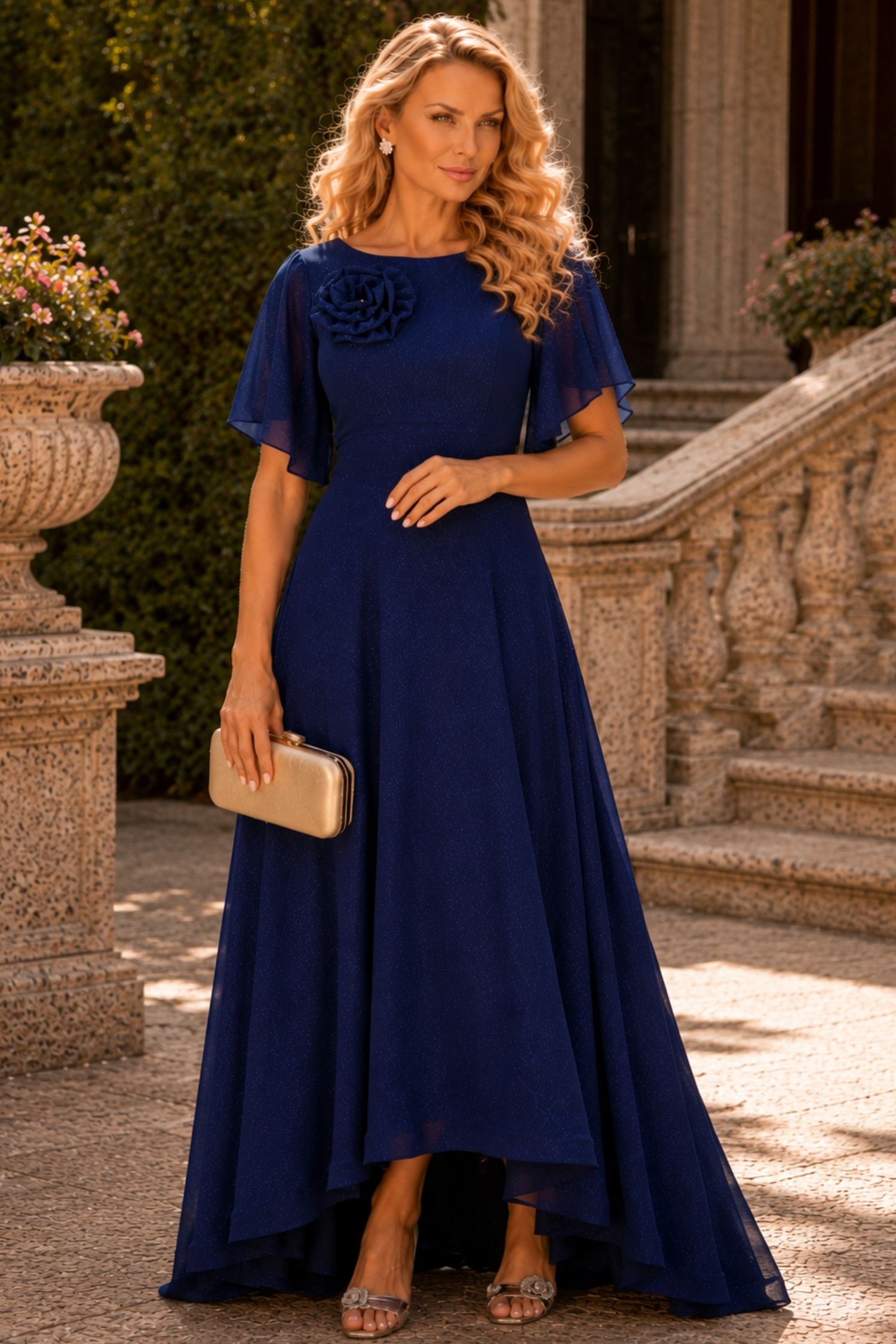 Rochie din voal cu sclipici bleumarin lunga in clos cu brosa florala- StarShinerS 1 - StarShinerS.ro