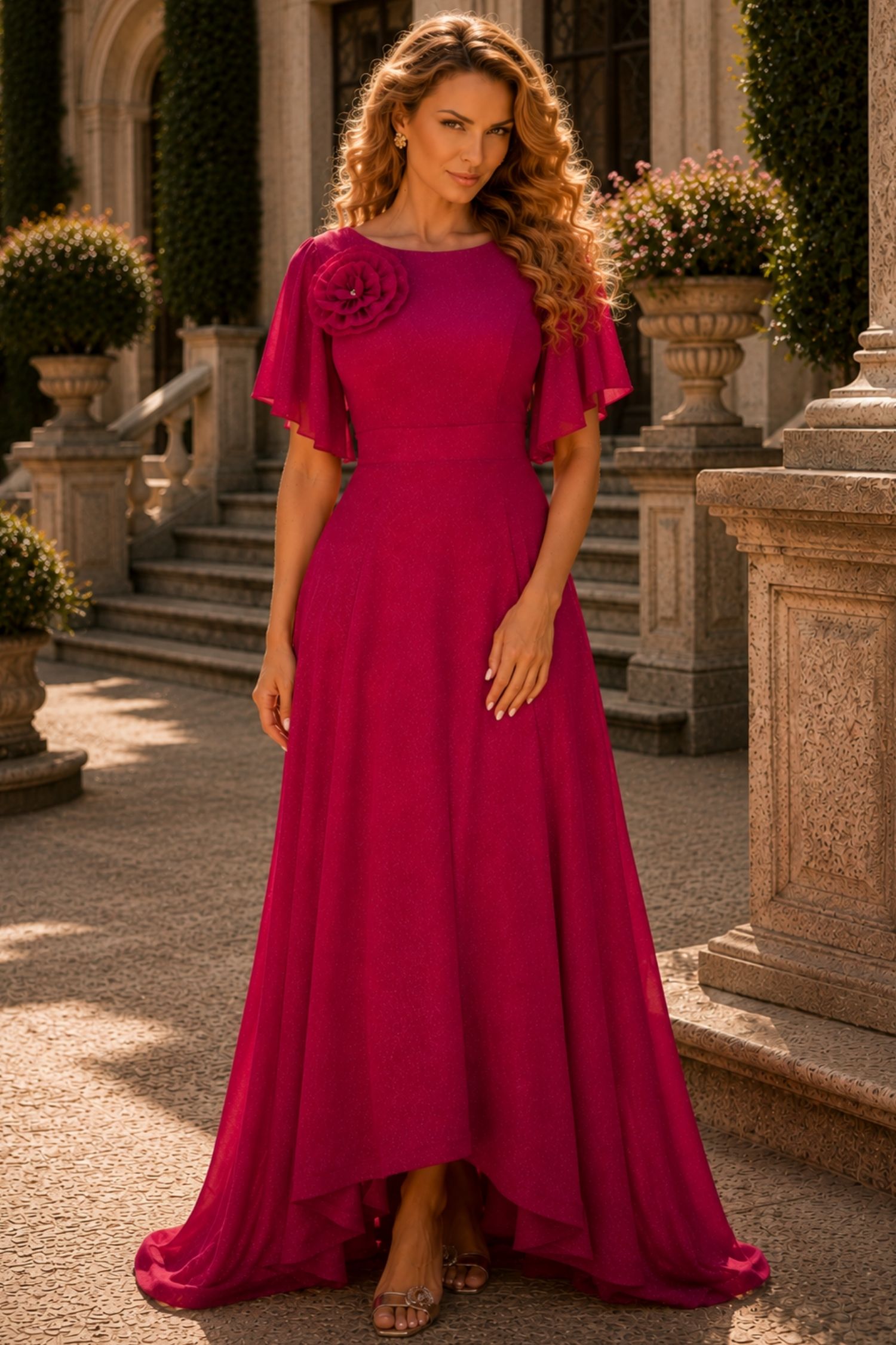 Rochie din voal cu sclipici fuchsia lunga in clos cu brosa florala- StarShinerS 1 - StarShinerS.ro
