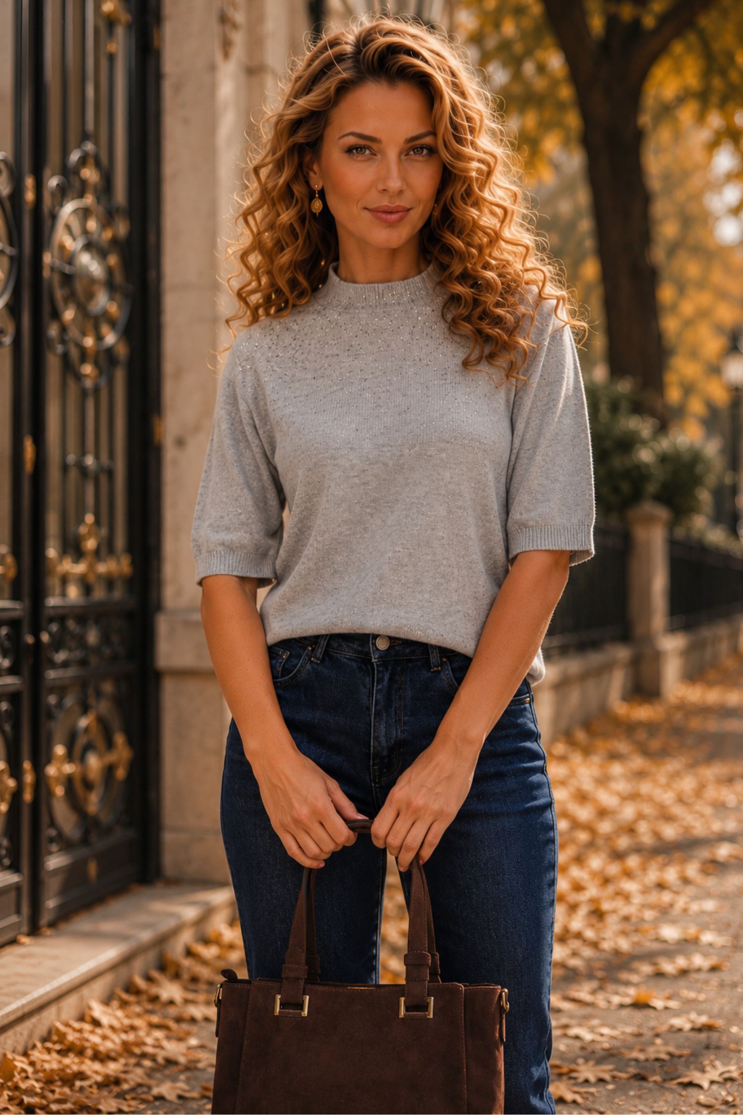 Bluza dama din tricot gri cu un croi larg si aplicatii cu pietre strass 1 - StarShinerS.ro