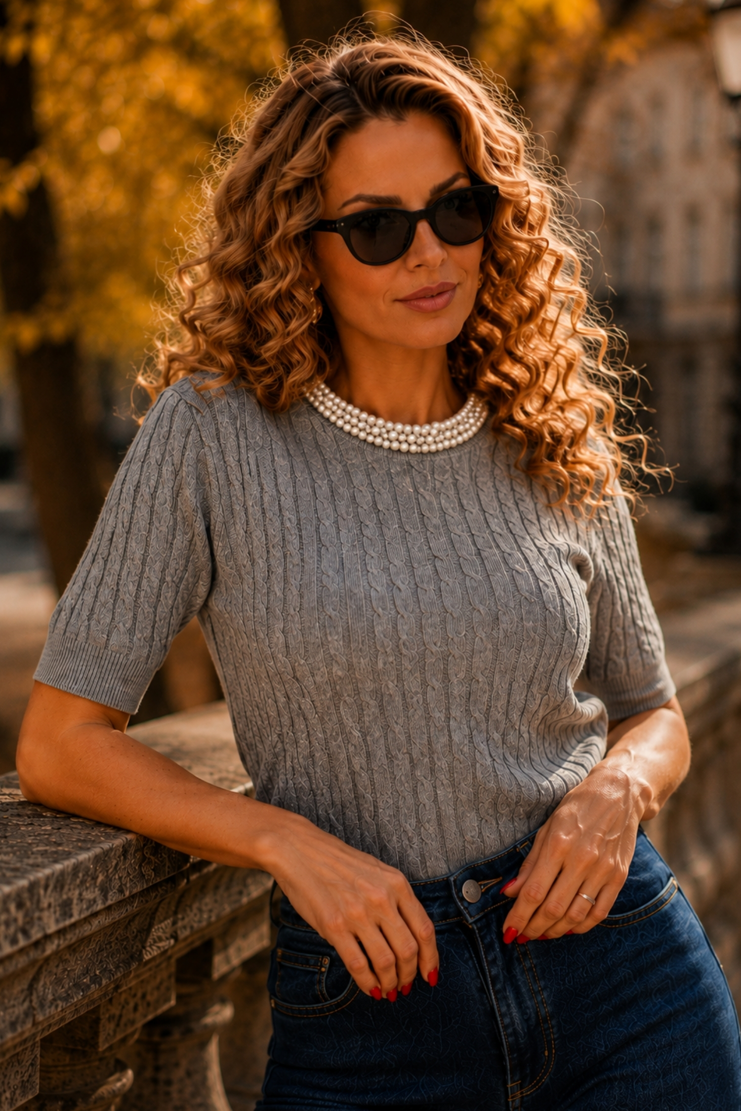 Bluza dama din tricot fin gri cu un croi larg accesorizata cu perle si pietre strass 1 - StarShinerS.ro