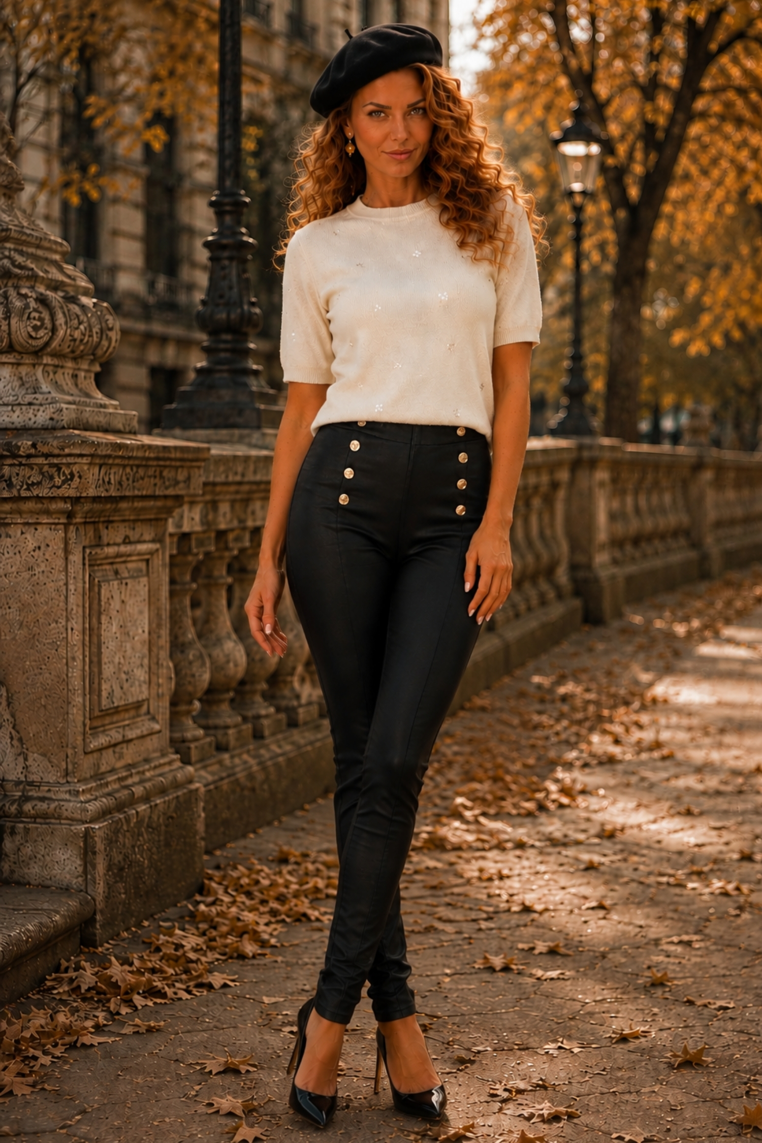 Pantaloni din piele ecologica negri conici cu nasturi decorativi aurii 1 - StarShinerS.ro