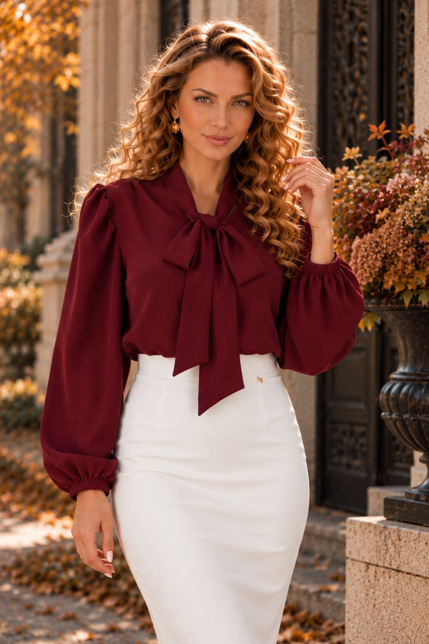 Bluza dama din viscoza visinie cu un croi larg si guler tip esarfa - StarShinerS 1 - StarShinerS.ro