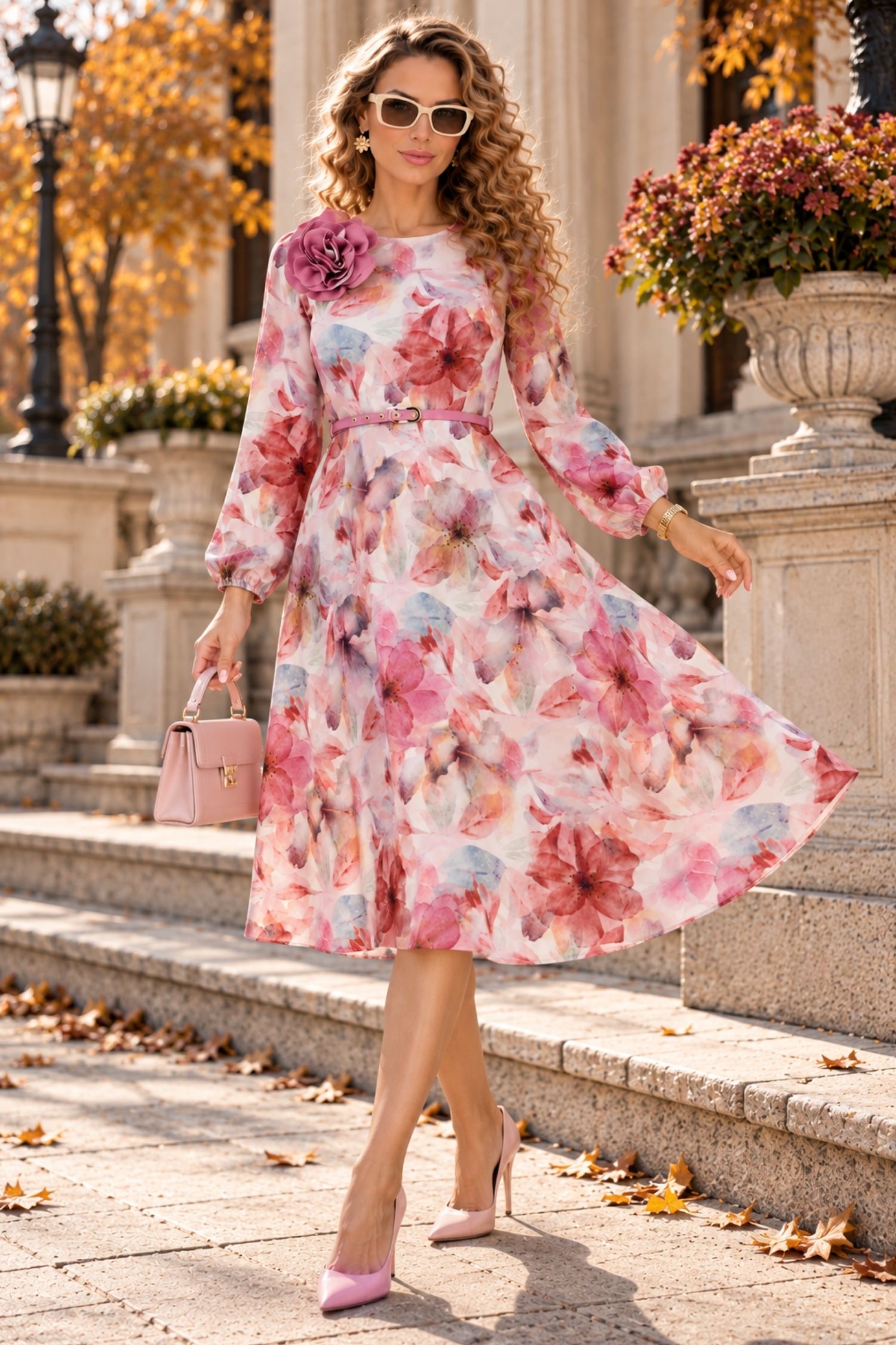Rochie roz midi in clos accesorizata cu brosa florala si curea - StarShinerS 1 - StarShinerS.ro