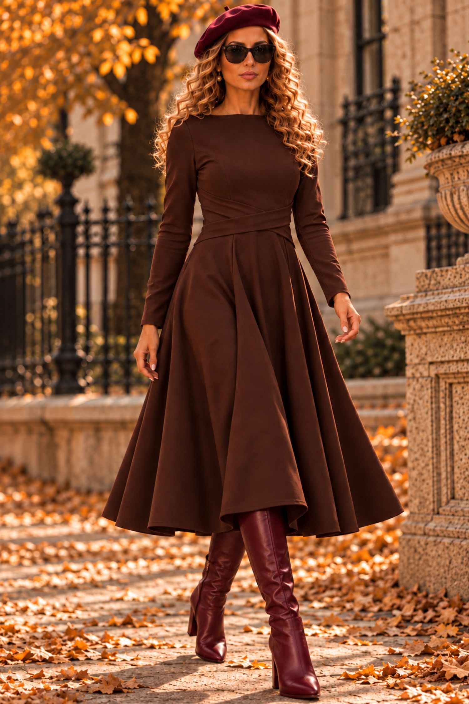 Rochie din jersey cu viscoza maro midi in clos cu detalii frontale- StarShinerS 1 - StarShinerS.ro