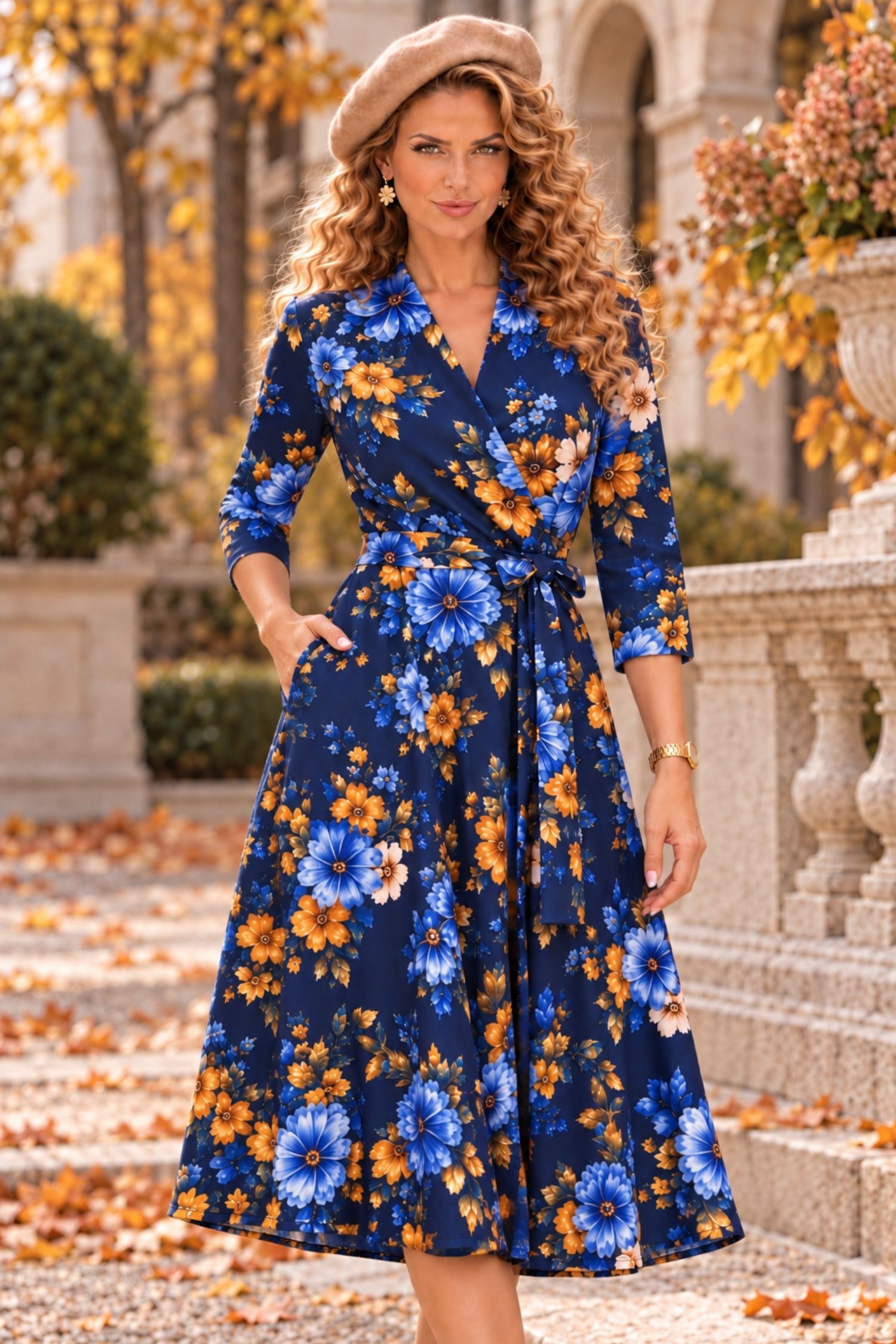 Rochie bleumarin midi in clos imprimata cu decolteu petrecut- StarShinerS 1 - StarShinerS.ro
