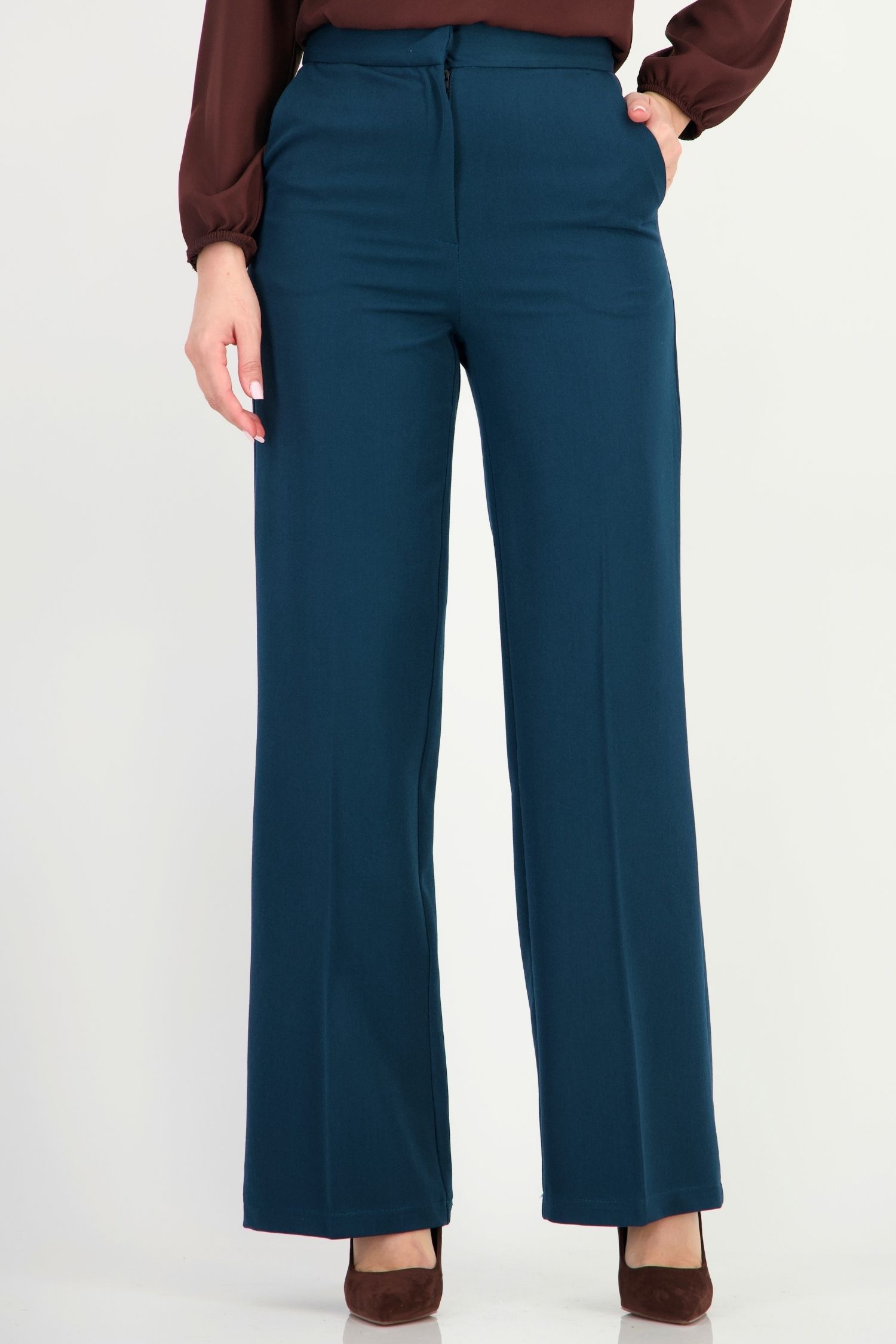 Pantaloni verde petrol din stofa elastica si viscoza lung 1 - StarShinerS.ro