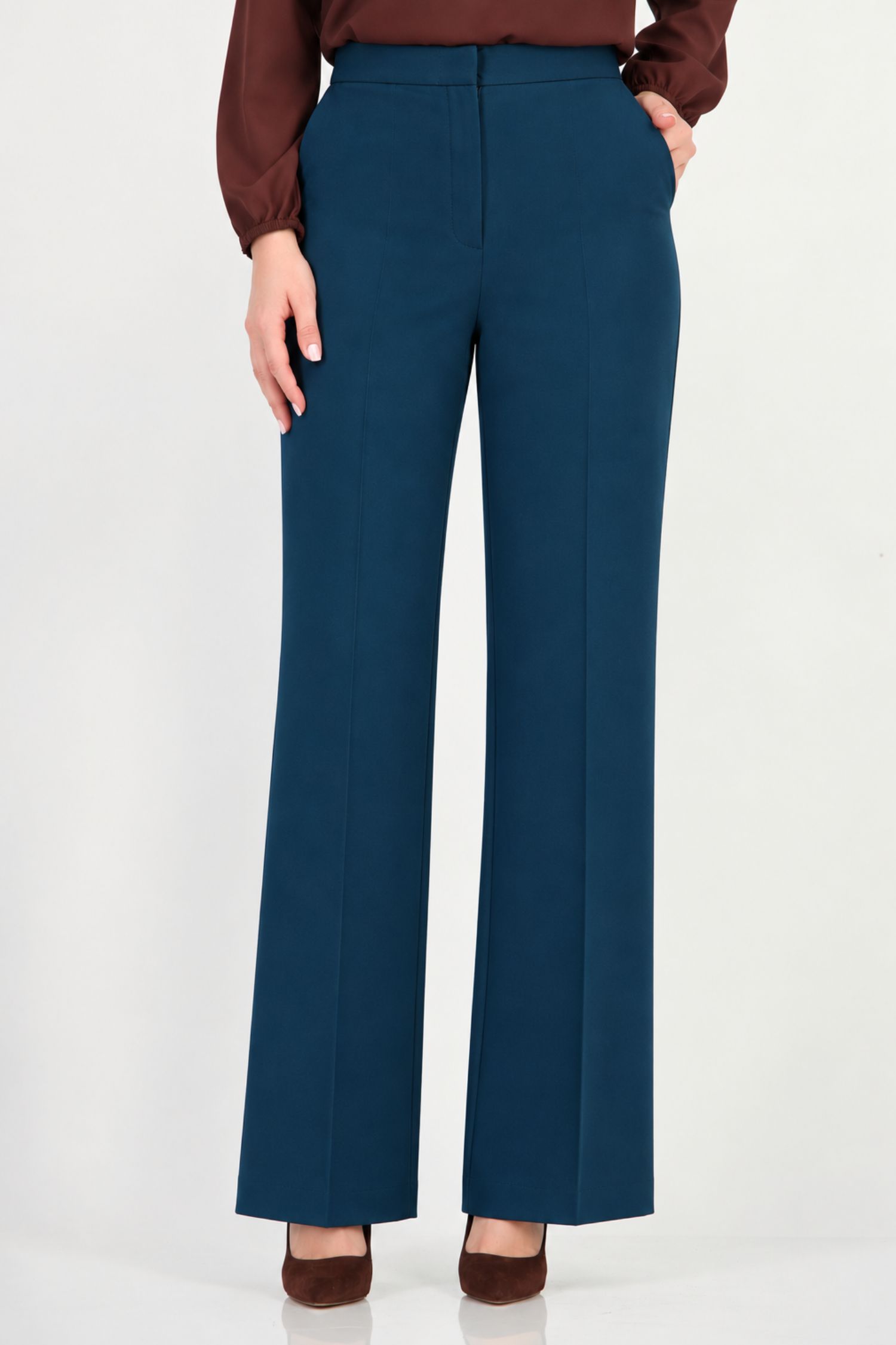 Pantaloni drepti verde petrol din stofa elastica si viscoza 1 - StarShinerS.ro