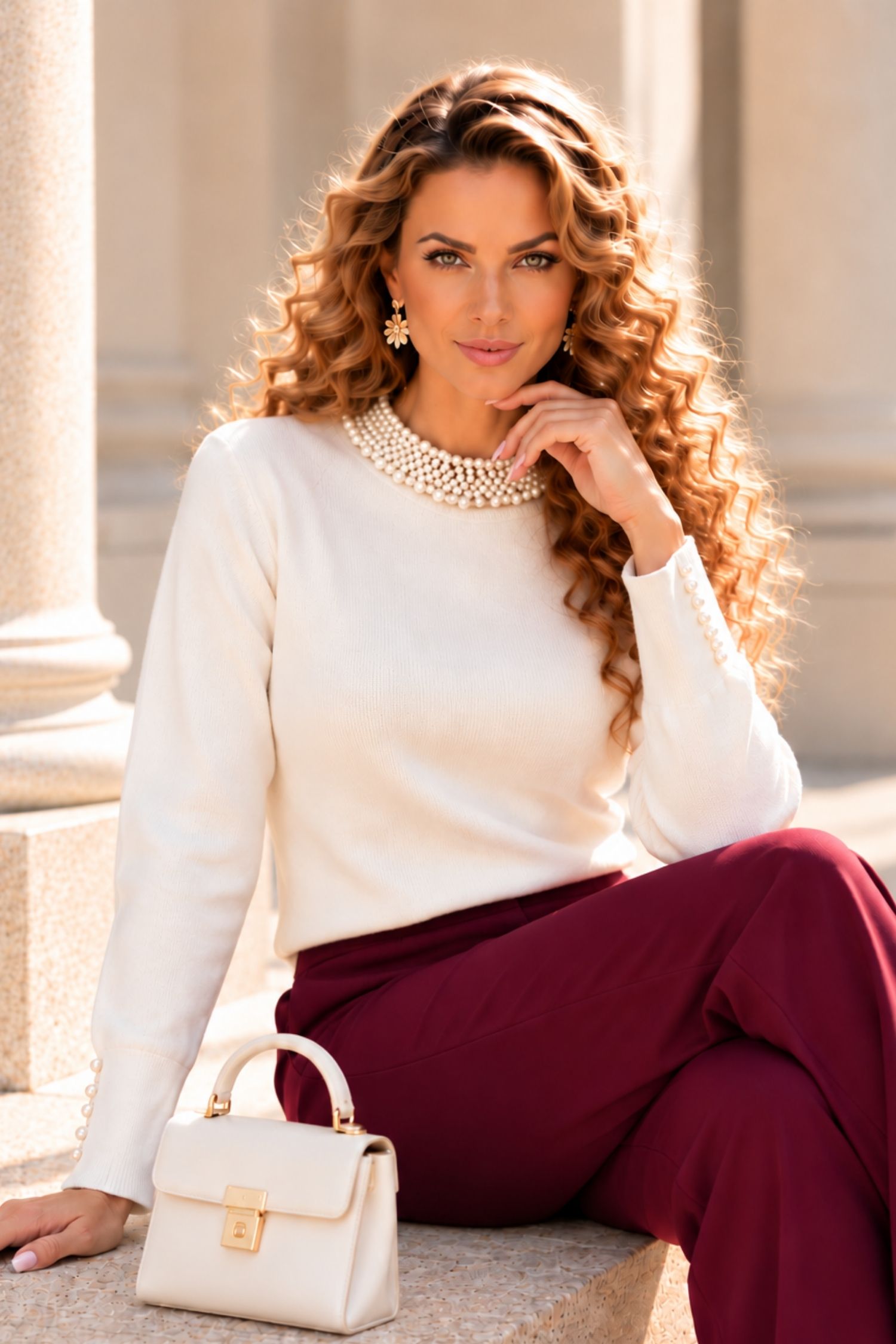 Pulover alb larg din tricot de viscoză, cu perle 1 - StarShinerS.ro