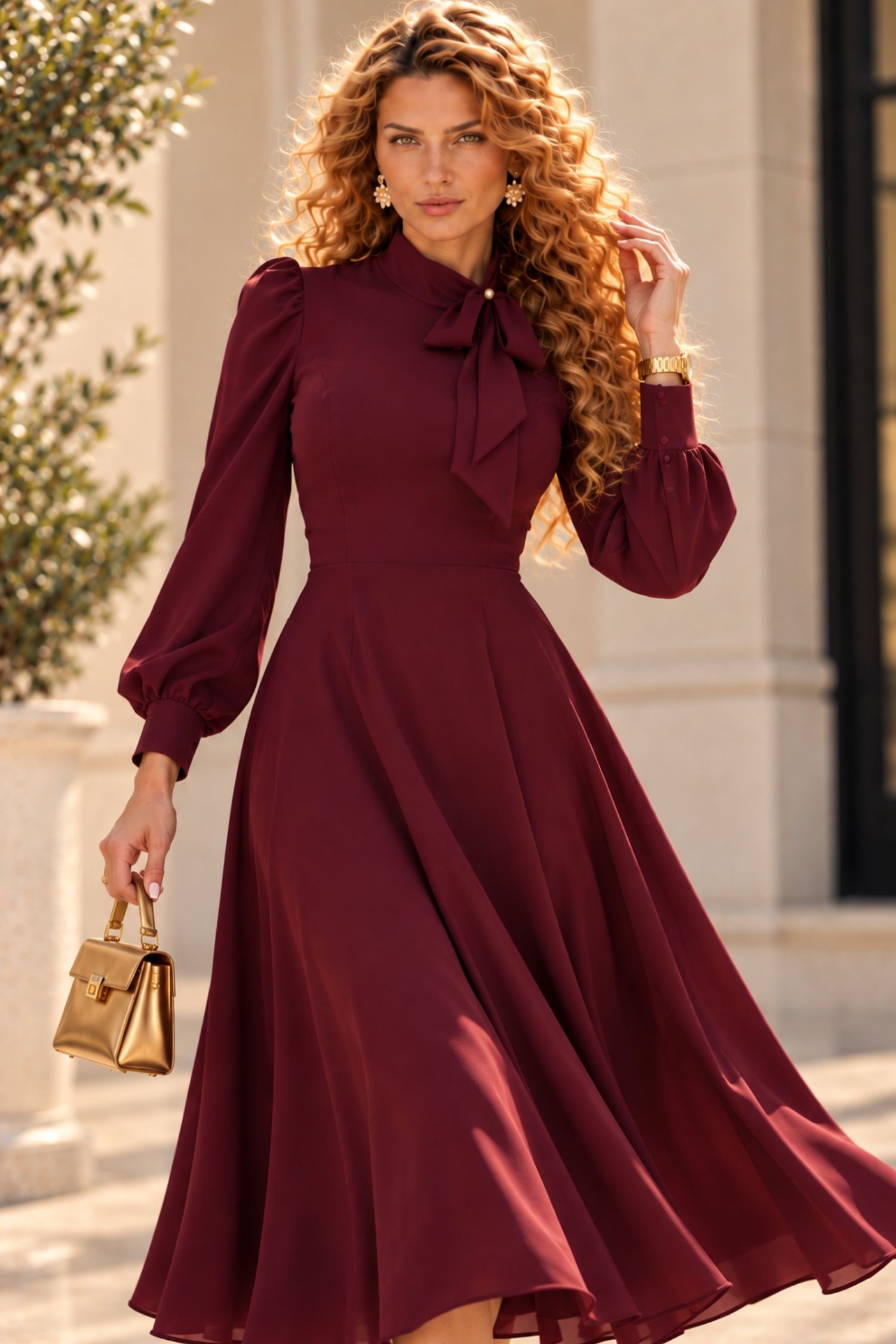 Rochie din material fluid vișinie midi în clos cu guler tip eșarfă - StarShinerS 1 - StarShinerS.ro