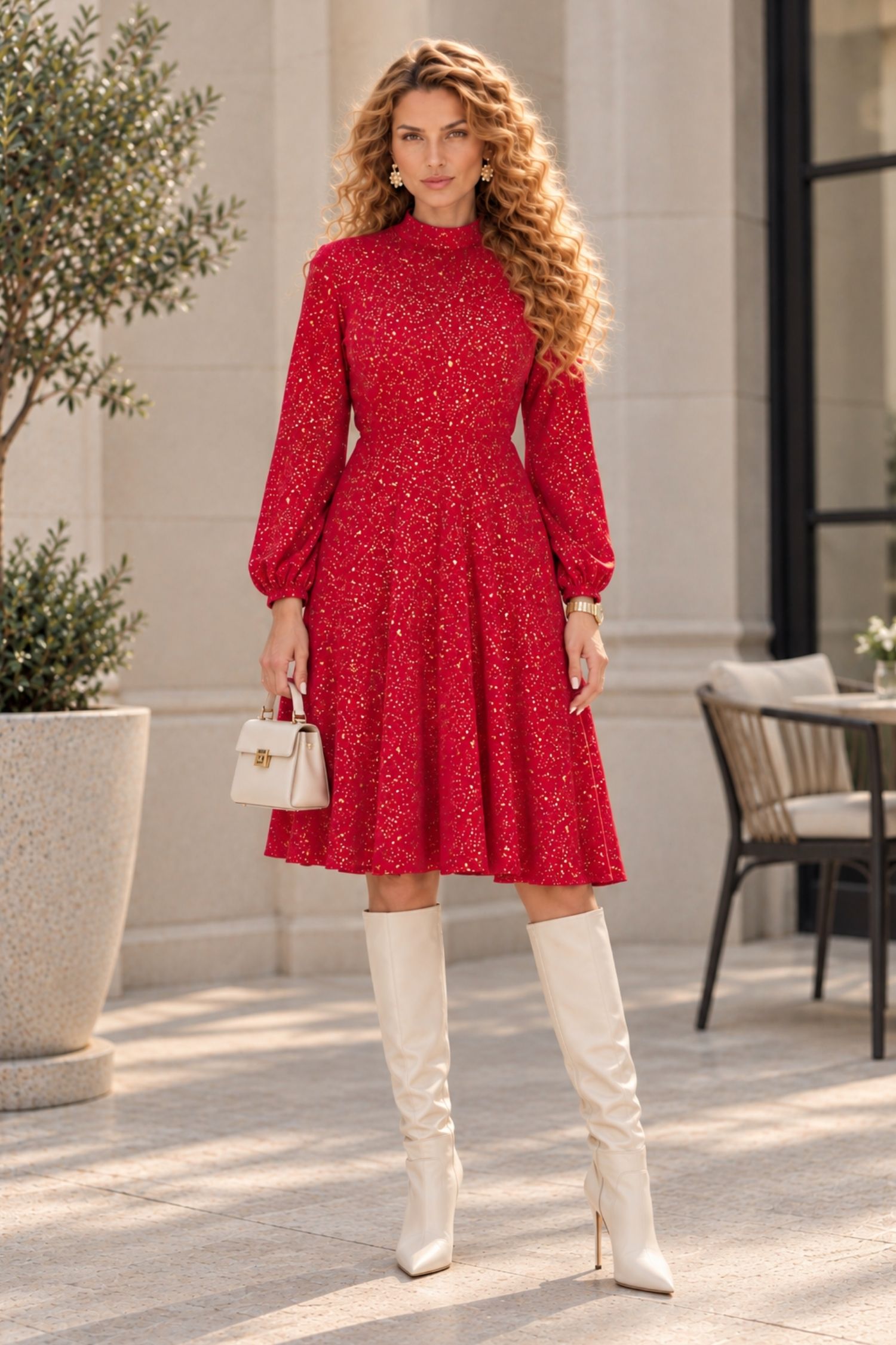 Rochie clos rosie maneca lunga din catifea pana la genunchi 1 - StarShinerS.ro