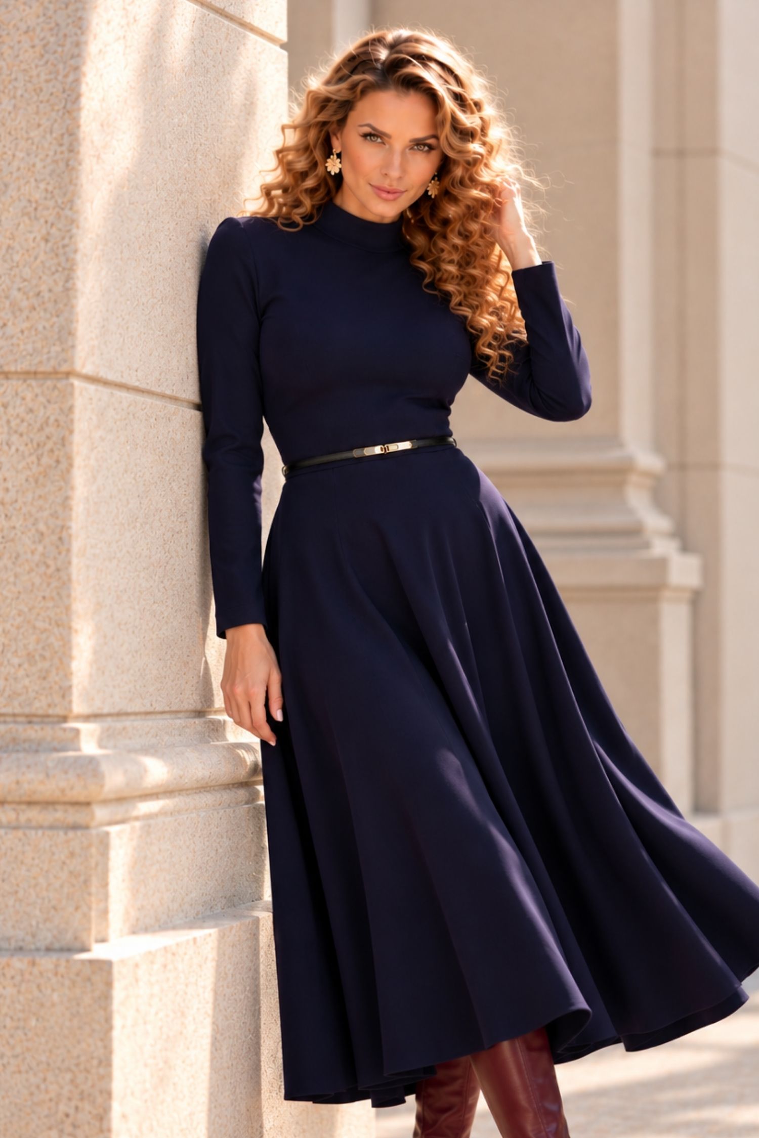 Rochie bleumarin midi, în clos, din punto cu viscoză 1 - StarShinerS.ro