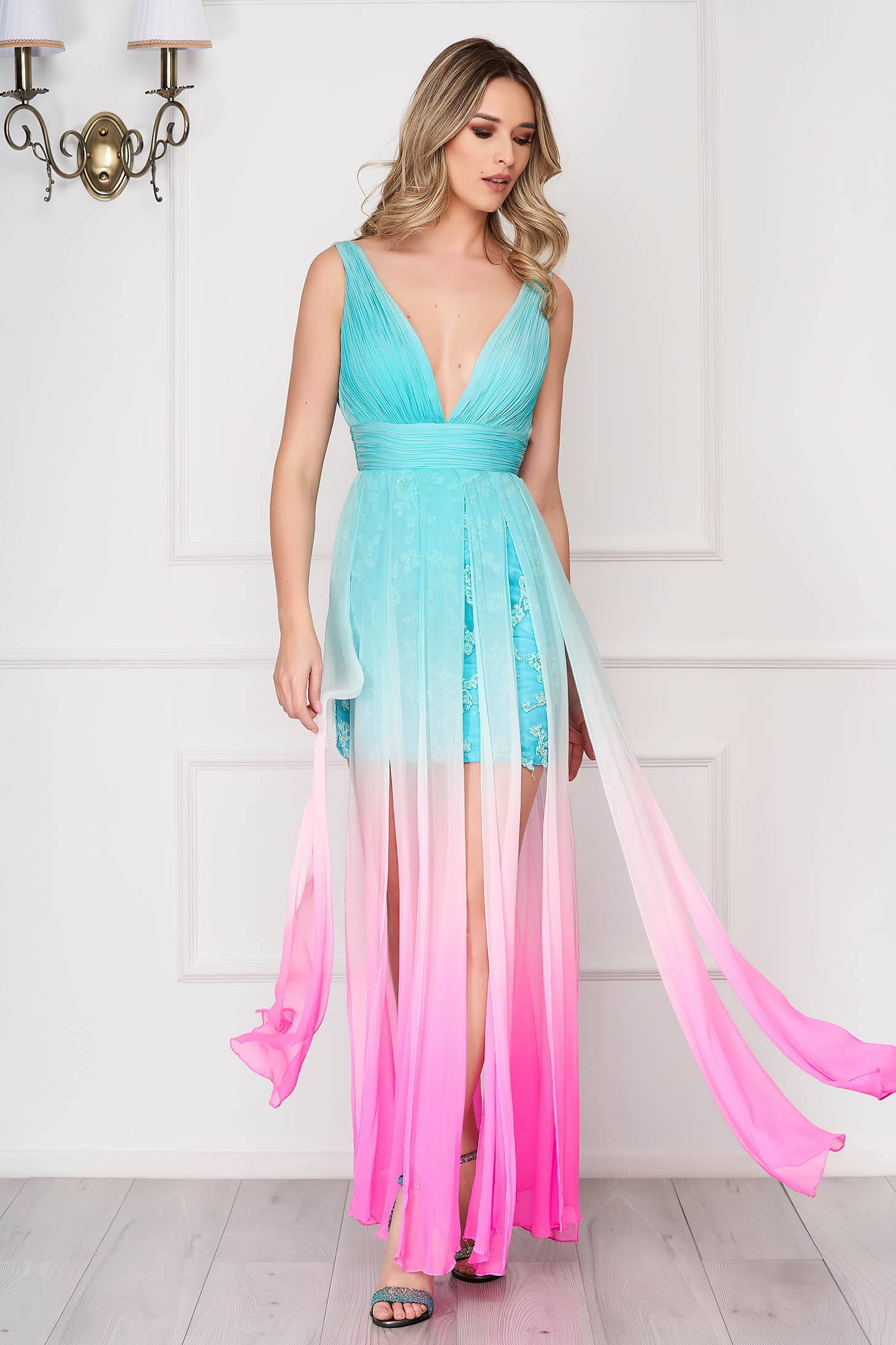 Aquakék Sherri Hill luxus ruha muszlinból flitteres díszítéssel 1 - StarShinerS.hu